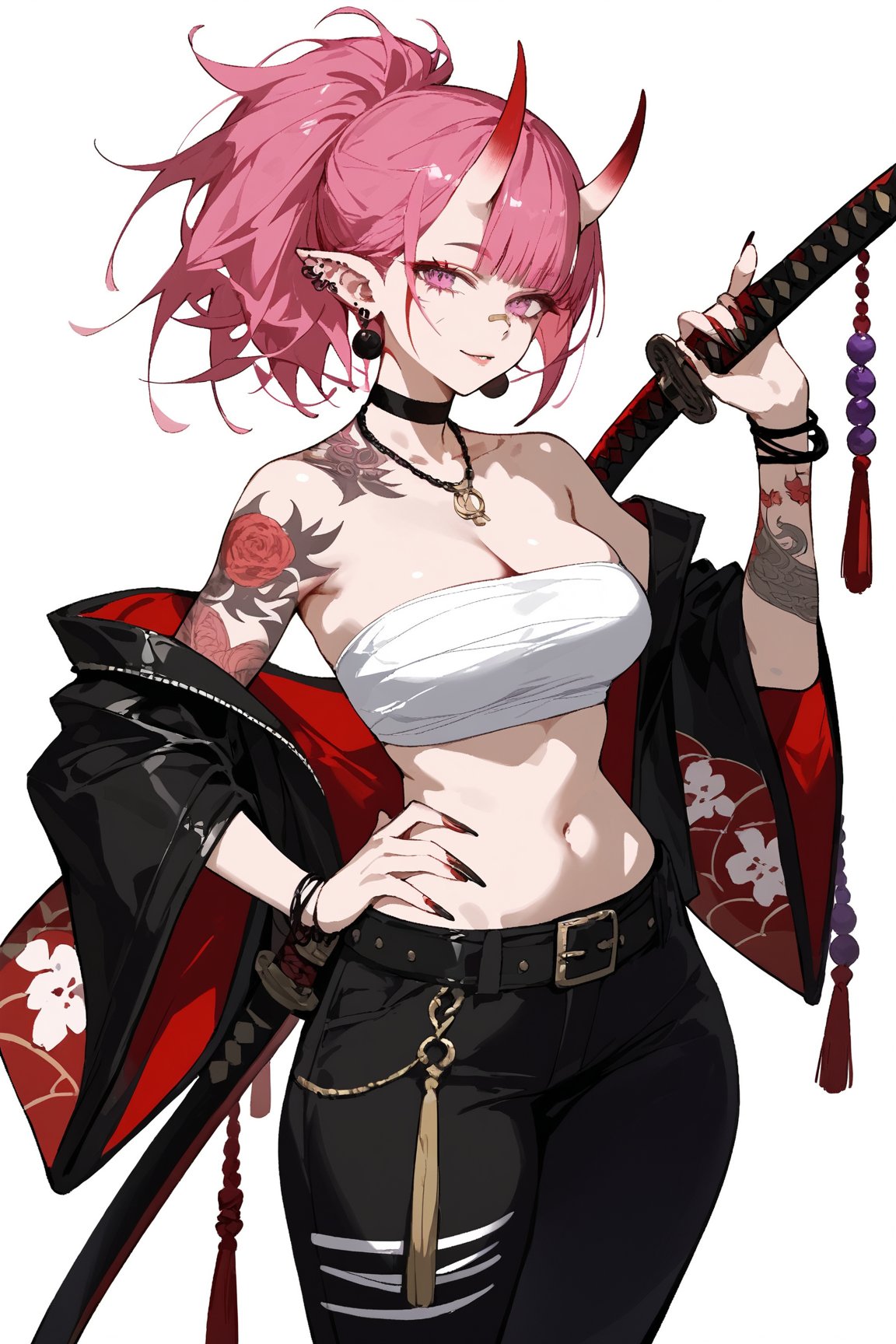 SCORE_9, SCORE_8_UP, SCORE_7_UP, SCORE_6_UP,

MASTERPIECE, BEST QUALITY, HIGH QUALITY, 
HIGHRES, ABSURDRES, PERFECT COMPOSITION,
INTRICATE DETAILS, ULTRA-DETAILED,
PERFECT FACE, PERFECT EYES,
NEWEST, AESTHETIC,

1girl, weapon, horns, tattoo, rating:safe, sword, navel, solo, pink_background, pointy_ears, oni, looking_at_viewer, jewelry, katana, breasts, sheath, white_hair, long_hair, oni_horns, midriff, shoulder_tattoo, bare_shoulders, facial_mark, sarashi, holding_weapon, earrings, belt, bandaid, stomach, jacket, nail_polish, ponytail, holding, cleavage, clothes_writing, simple_background, piercing, medium_breasts, necklace, bracelet, purple_eyes, fingernails, collarbone, weapon_over_shoulder, red_eyes, sheathed, open_clothes, parted_lips, black_nails, nose, pants, tubetop, off_shoulder, upper_body, ear_piercing, japanese_clothes, scabbard, arm_tattoo, multicolored_hair, hand_on_hip, full_body_tattoo, large_breasts, standing, cowboy_shot, choker, bodypaint, facial_tattoo, red_background, holding_sword, bangs, sharp_fingernails, crop_top, bandages, bandeau, over_shoulder, scar, pink_eyes, red_hair, strapless, sidelocks, beads, long_fingernails, single_bare_shoulder, wide_sleeves, floral_print, tassel, body_writing, stomach_tattoo, open_jacket, big_hips,