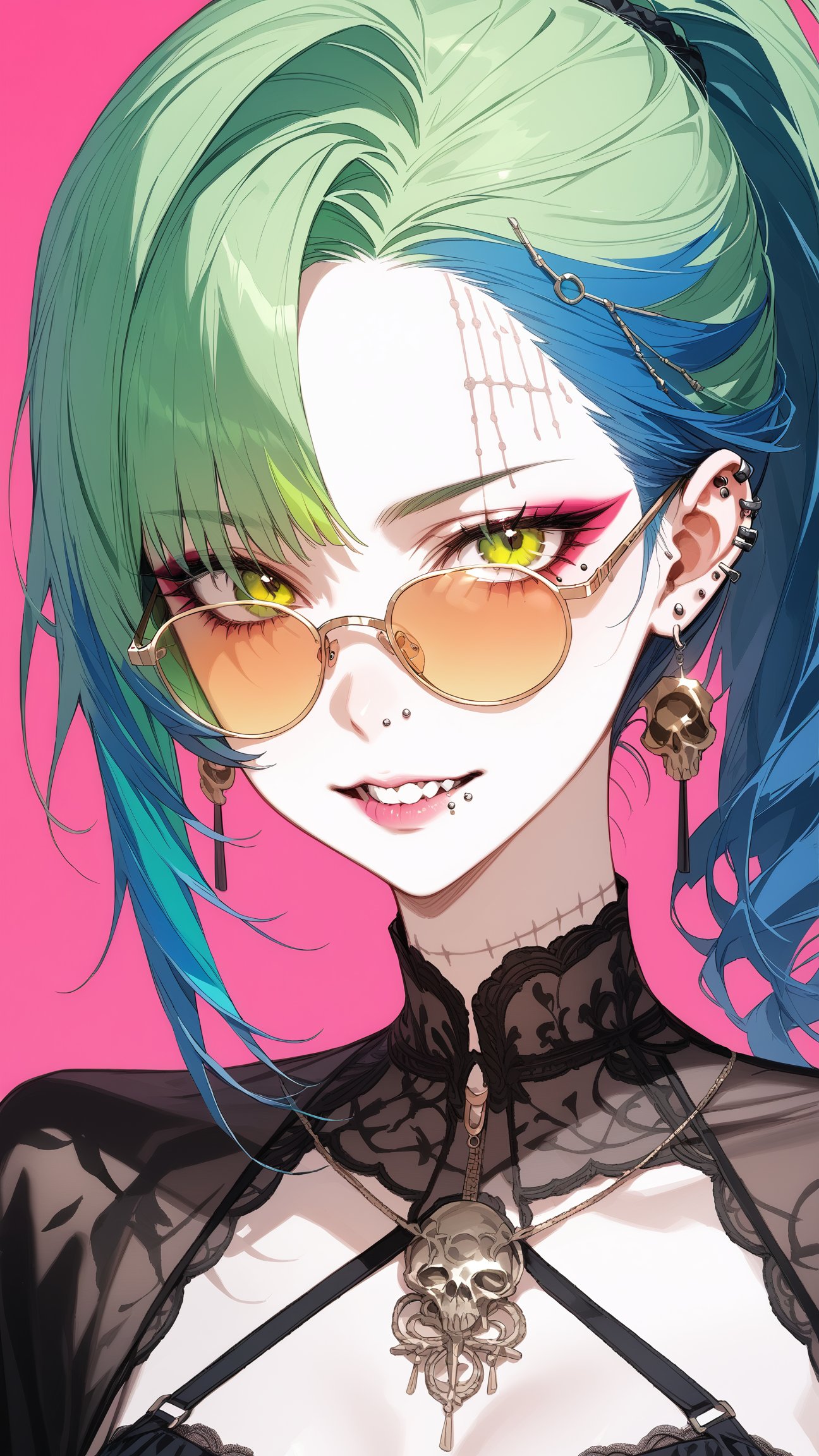 SCORE_9, SCORE_8_UP, SCORE_7_UP, SCORE_6_UP, 
MASTERPIECE, BEST QUALITY, HIGH QUALITY, 
HIGHRES, ABSURDRES,
INTRICATE DETAILS, ULTRA-DETAILED,
AESTHETIC,

1girl, solo, looking at viewer, jewelry, blue hair, ponytail, multicolored hair, earrings, green hair, glasses, teeth, tattoo, makeup, colored skin, piercing, pink background, sunglasses, ear piercing, portrait, skull, stitches, nose piercing, lip piercing