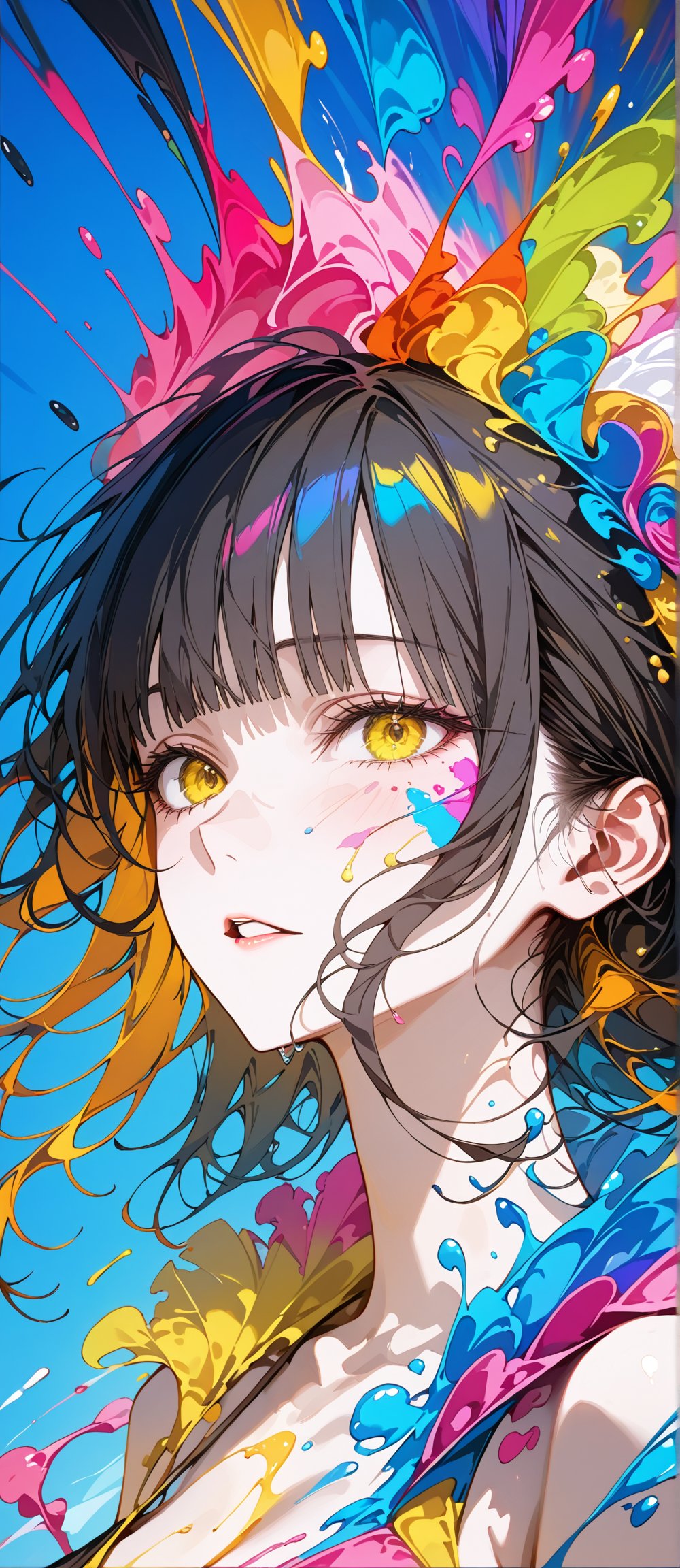 SCORE_9, SCORE_8_UP, SCORE_7_UP, SCORE_6_UP,

MASTERPIECE, BEST QUALITY, HIGH QUALITY, 
HIGHRES, ABSURDRES,
INTRICATE DETAILS, ULTRA-DETAILED,
NEWEST, AESTHETIC,

1girl, solo, bangs, simple background, parted lips, blue background, portrait, colorful, color art, color chaos, Color Splash