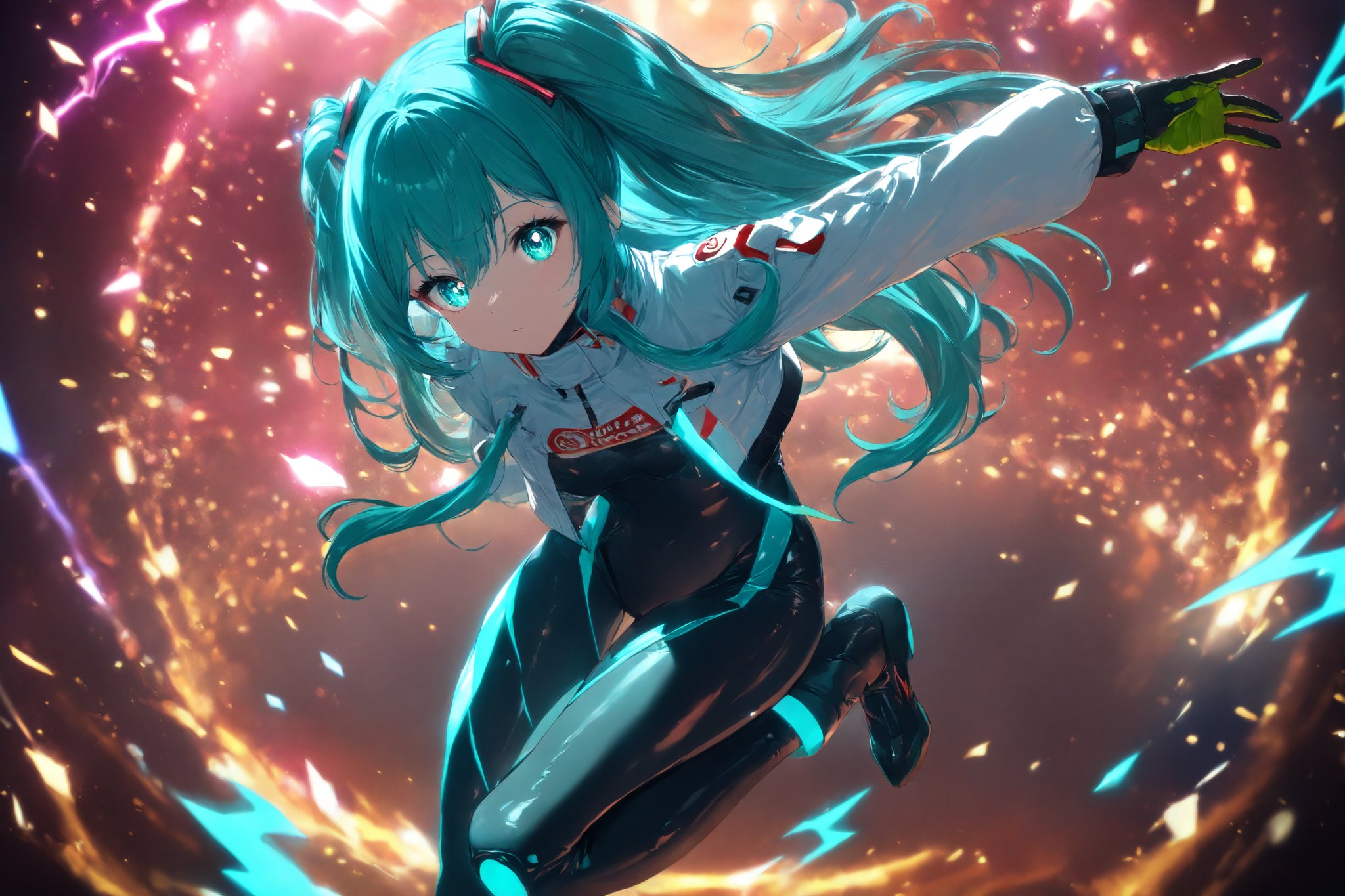 SCORE_9, SCORE_8_UP, SCORE_7_UP, SCORE_6_UP,

MASTERPIECE, BEST QUALITY, HIGH QUALITY, 
HIGHRES, ABSURDRES, PERFECT COMPOSITION,
INTRICATE DETAILS, ULTRA-DETAILED,
PERFECT FACE, PERFECT EYES,
NEWEST, 

Movie Poster page, (promotional poster), Hatsune Miku, 1female, solo, humanoid android, teal hair, teal eyes, white jacket, cropped jacket, long sleeves, two-tone gloves, black gloves, green gloves, black bodysuit, single thighhigh, single thigh boot, concert, Nippon Budokan, glowneon, glowing, sparks, lightning, shadow minimalism, (best quality), (masterpiece), detailed, beautiful detailed eyes, perfect anatomy, perfect body, perfect face, perfect hair, perfect legs, perfect hands, perfect arms, perfect fingers, detailed hair, detailed face, detailed eyes, detailed clothes, detailed skin, ultra-detailed, (full body), (upper body), (top quality), pop art, extremely detailed, extremely detailed CG, (high resolution), highly detailed, (high quality), (perfect quality), (glitchcore colors), racingmiku2022,