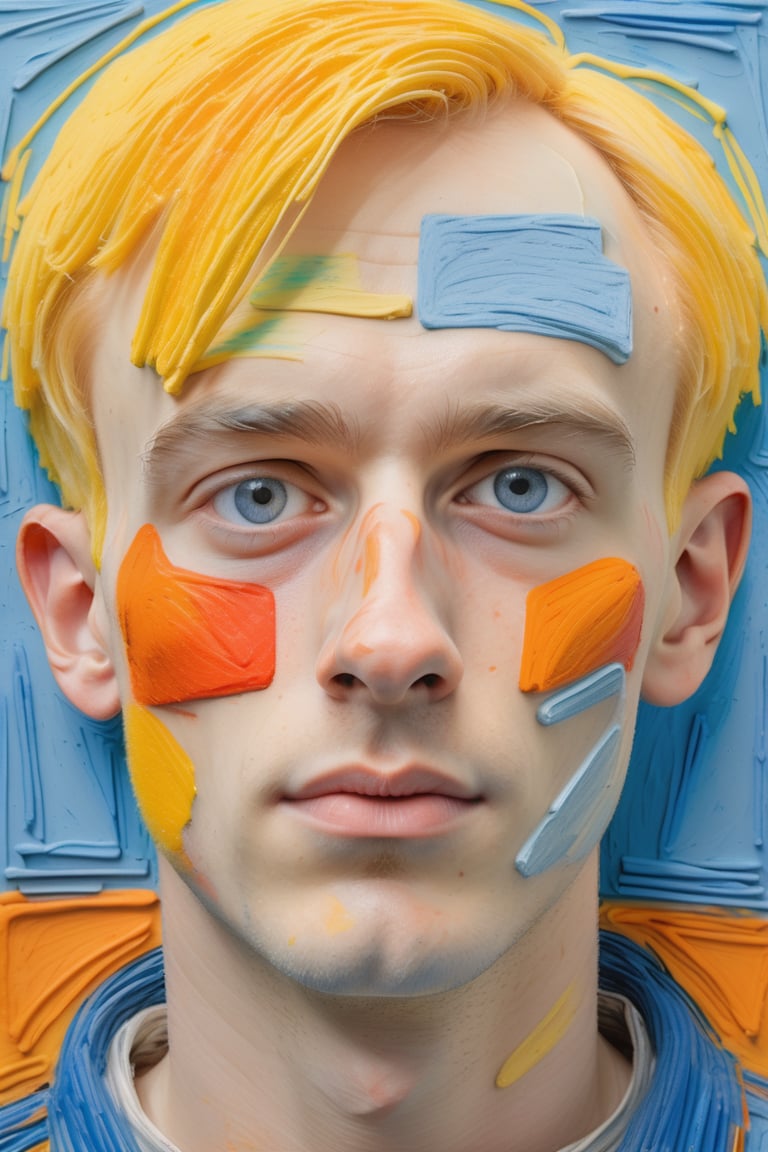 A close-up portrait of a 25-year-old Dutch man with fair skin and short, straight blonde hair, front view, in wax crayon style, using a vibrant color palette of soft yellows, light blues, and warm oranges with textured, layered strokes typical of wax crayons. Artists: Jean Dubuffet, Cy Twombly, Joan Miró.