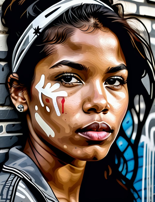 A close-up portrait of a beautiful 23-year-old Bolivian woman with fair skin and wavy, tightly packed hair, serious expression, front view, in graffiti art style on a wall, using a monochromatic palette with shades of gray and white, with rough, textured strokes and urban elements. Artists: Banksy, Jean-Michel Basquiat, Shepard Fairey.