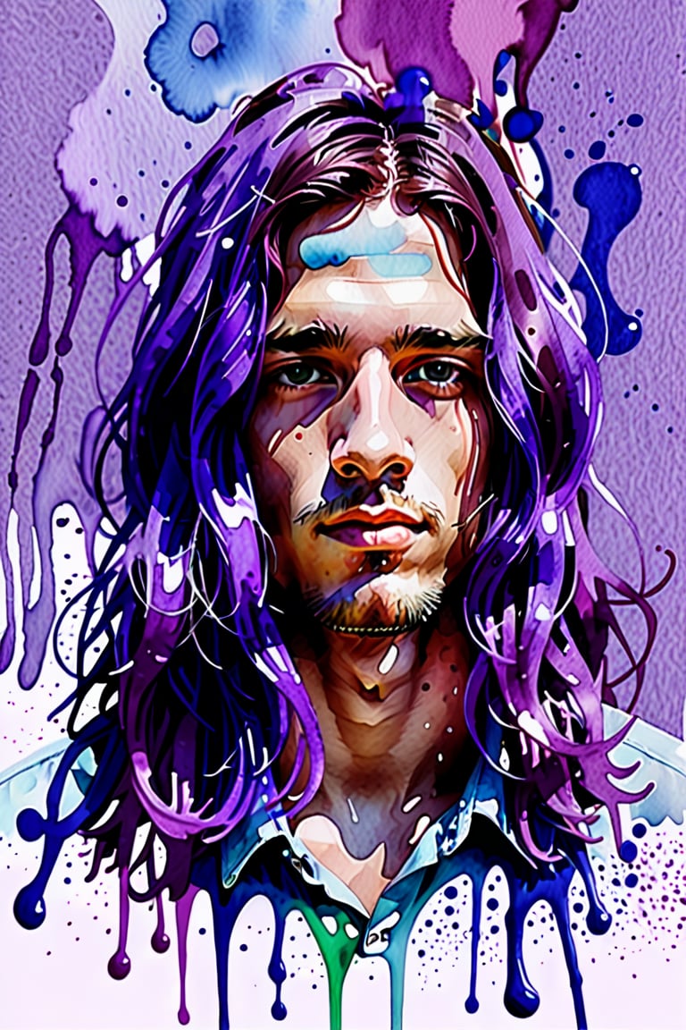 Create a watercolor and gouache artwork with color splashes, depicting a 23-year-old Portuguese man with fair skin and long, straight purple hair. The focus should be a close-up of his face from a frontal view. Use the lightness and fluidity of watercolor to craft a soft background, paired with the intensity and vibrancy of gouache to highlight his facial features and purple hair. Add dynamic splashes of color to infuse energy into the composition, creating a vibrant contrast that emphasizes the uniqueness of the portrait.






