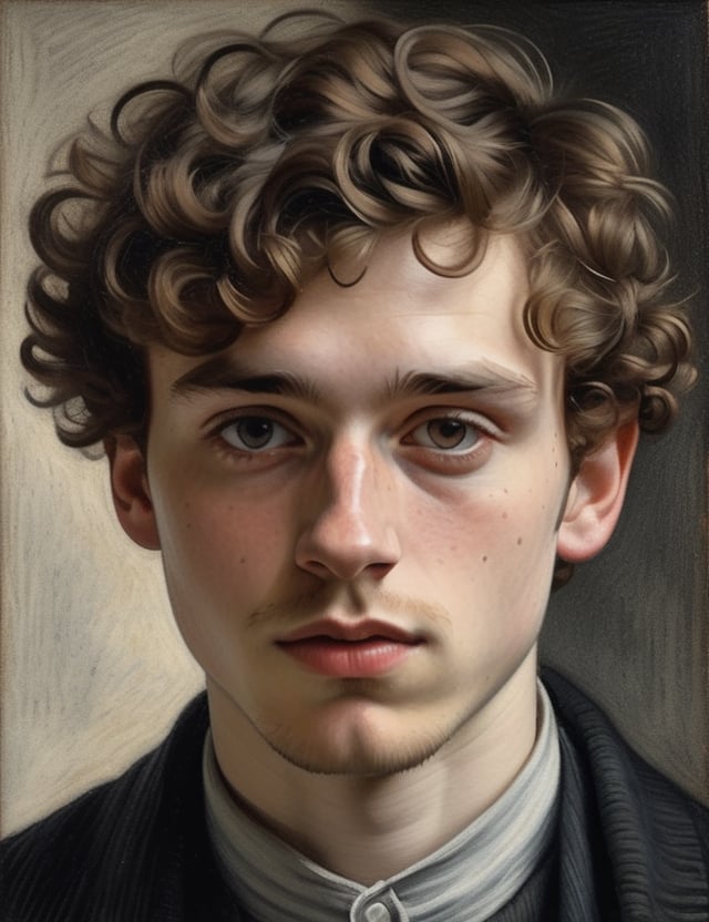 A close-up portrait of a 25-year-old Dutch man with short, curly hair, serious expression, front view, in charcoal drawing style, using a grayscale palette with deep blacks, soft grays, and bright whites, with rich, textured shading and fine details. Artists: Edgar Degas, Käthe Kollwitz, Georges Seurat.