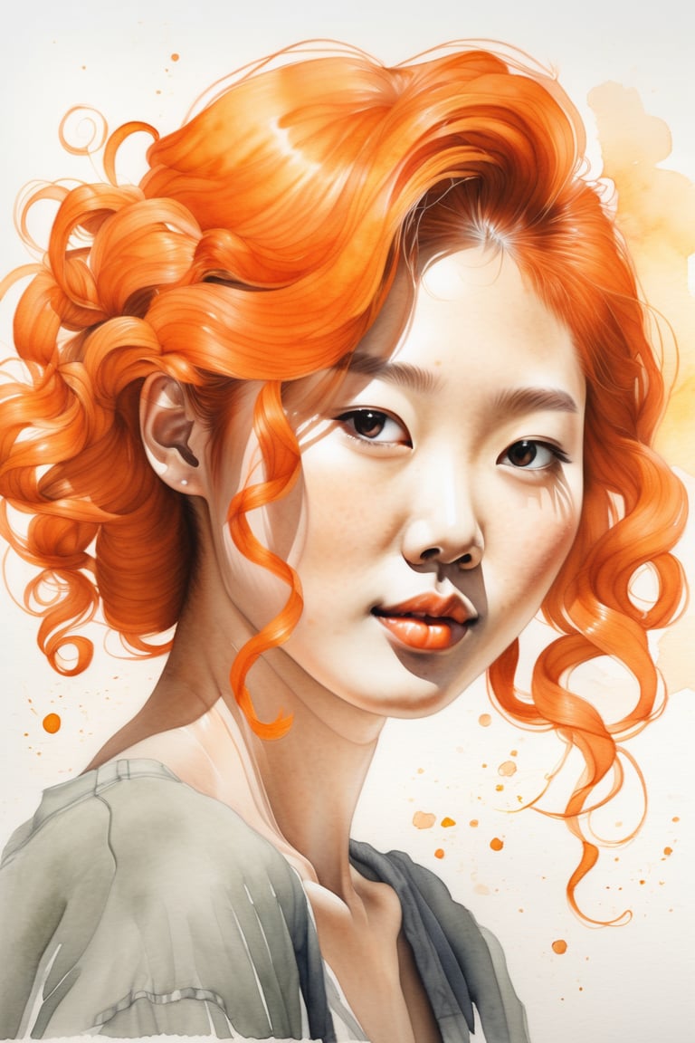  Create a watercolor artwork with soft gouache, depicting a beautiful 25-year-old Korean woman with fair skin and short, tightly curled orange hair. The focus should be a close-up of her face from a frontal view. Use the lightness and fluidity of watercolor to create a soft base, while gouache adds touches of texture and depth to her features. Her curly orange hair should stand out vibrantly against her fair skin, bringing balance and harmony to the composition.