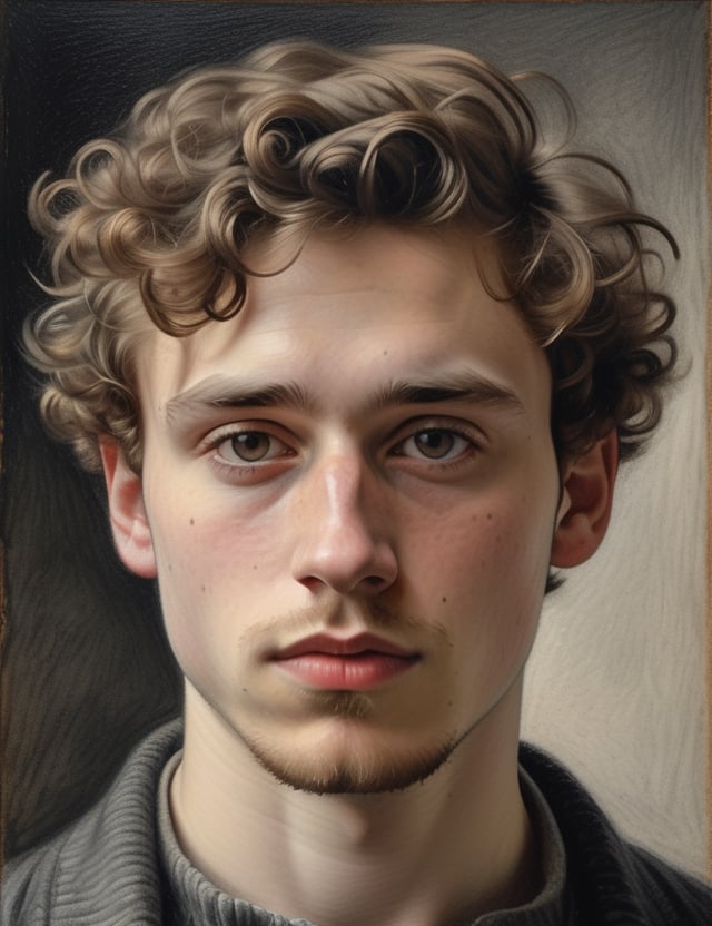 A close-up portrait of a 25-year-old Dutch man with short, curly hair, serious expression, front view, in charcoal drawing style, using a grayscale palette with deep blacks, soft grays, and bright whites, with rich, textured shading and fine details. Artists: Edgar Degas, Käthe Kollwitz, Georges Seurat.