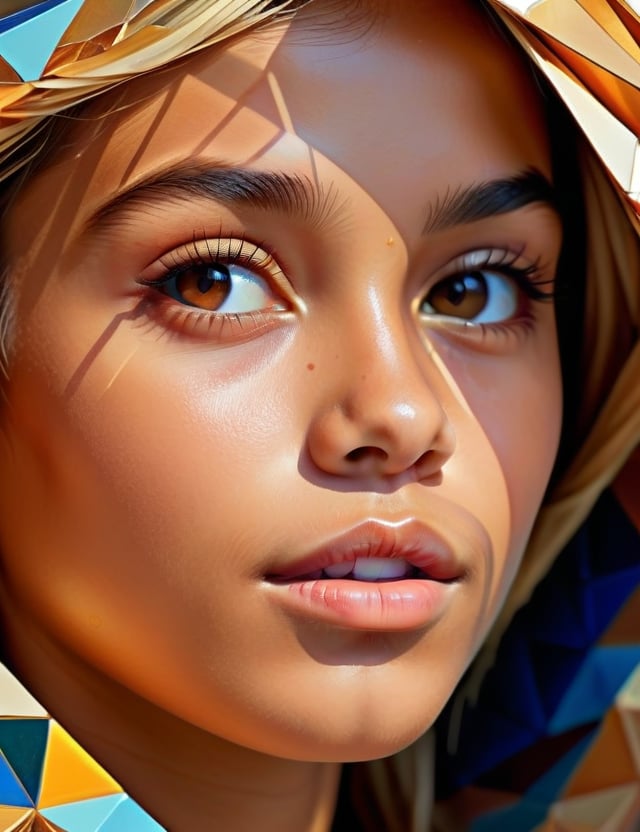 A polygonal art style of a beautiful 13-year-old Mexican girl with caramel skin tone and short, straight blonde hair, close-up of her face, front view. (((intricate details))), (((best quality))), (((extreme detail quality))), (((complex composition))), in the style of Charis Tsevis, Jen Stark, Liam Brazier.