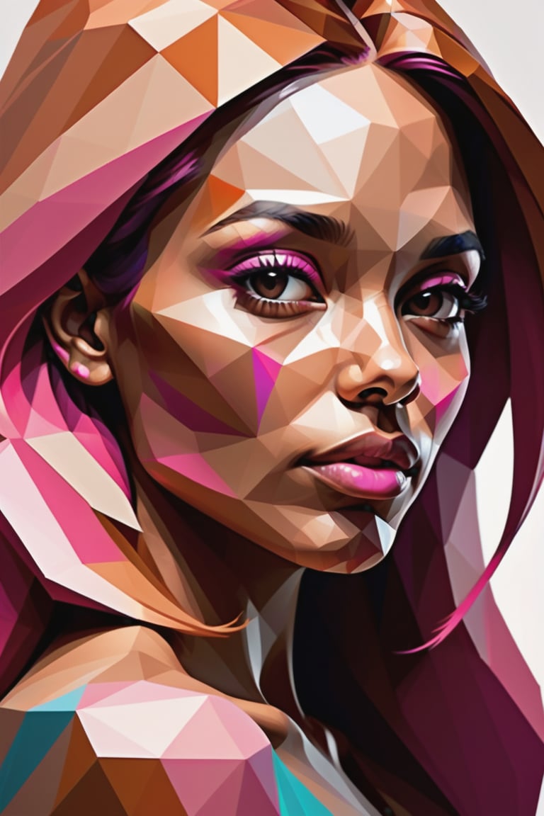 Create a polygonal-style artwork depicting a beautiful 34-year-old Colombian woman with caramel skin and long, straight pink hair. The focus should be a close-up of her face from a frontal view. Use geometric shapes and sharp angles to precisely capture her features, emphasizing the contrast between the softness of her caramel skin and the vibrant pink of her hair. The piece should convey a sense of modernity and elegance, with polygonal facets that create a visually intriguing and harmonious composition, accentuating her unique beauty.