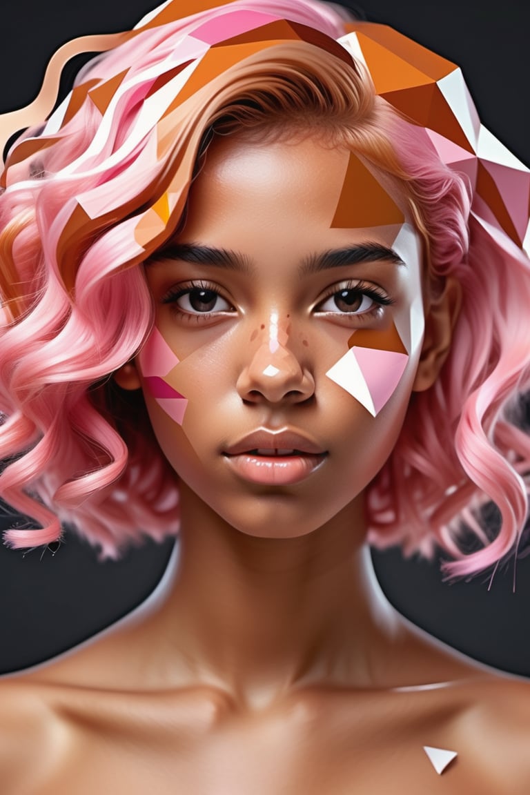 Create a polygonal-style artwork with color splashes, depicting a beautiful 24-year-old Spanish teenager with caramel skin and tightly curled light pink hair. The focus should be a close-up of her face from a frontal view. Use polygonal geometric shapes to sculpt her features with precision, while vibrant color splashes add dynamism and energy to the composition. Her tightly curled light pink hair should contrast strikingly with her caramel skin tone, creating a piece that blends modernity and expressiveness.