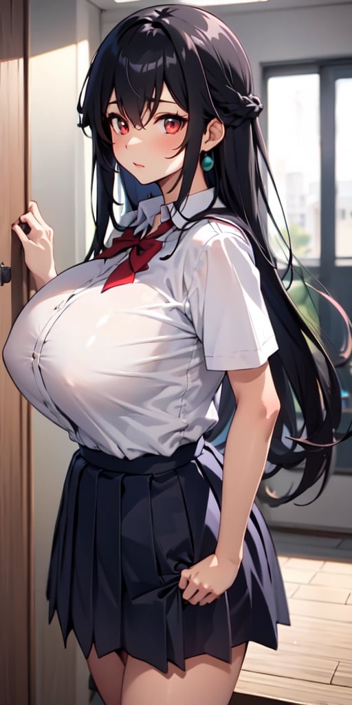 red_eye, black_hair, anime_hair, school_girl, school_uniform, big_boobs