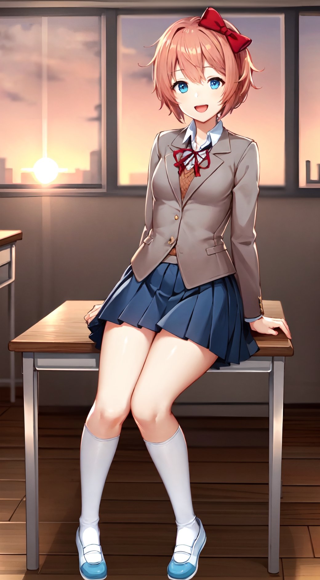 sayori, red bow, small breasts, pleated skirt, :d, grey jacket, in classroom, sunset, sitting on desk, full body, white socks, blue footwear