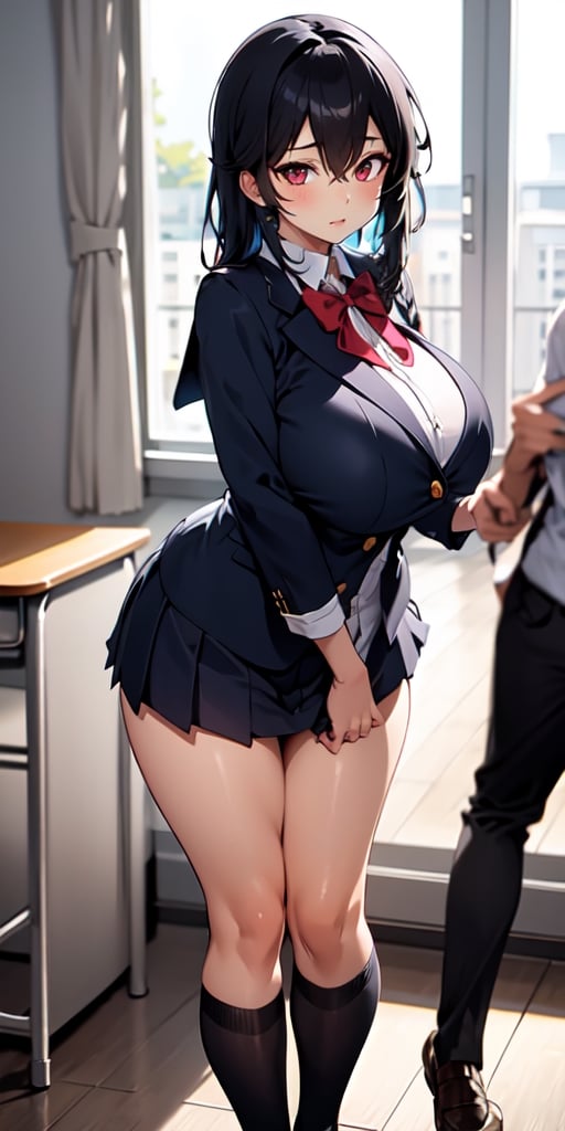 red_eye, black_hair, anime_hair, school_girl, school_uniform, big_boobs