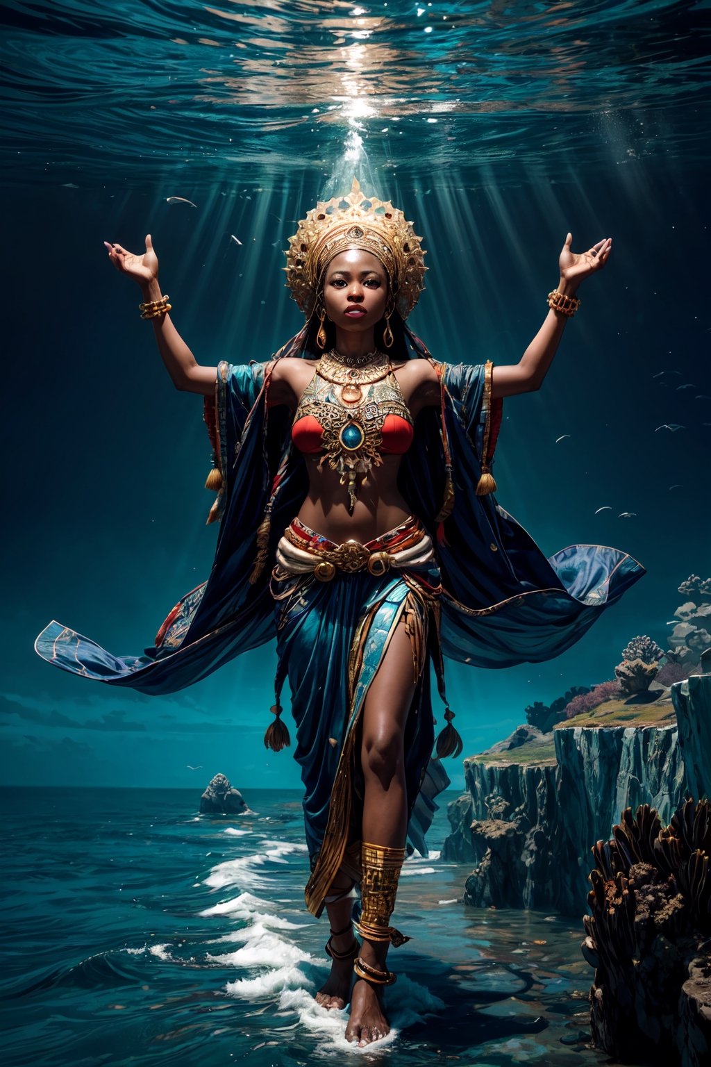 Produce a captivating Afrocentric artwork that pays homage to Agbe, the spirit entrusted with the care of the sea. Use vibrant colors, traditional symbols, and dynamic compositions to highlight the spiritual connection between Agbe and the vast expanse of the ocean. Create a visual representation that conveys the power and majesty of Agbe's guardianship over the sea, evoking a sense of awe and reverence for this vital aspect of the natural world in African cosmology