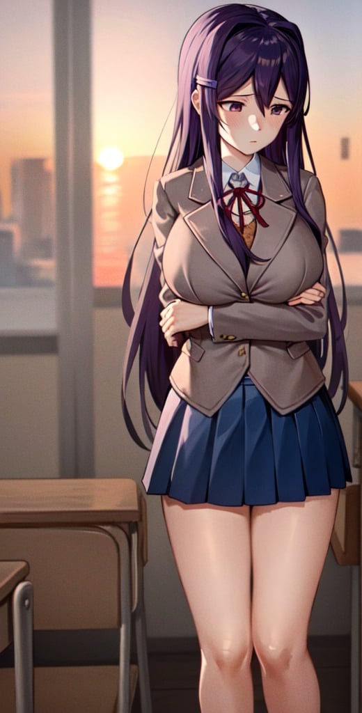 yuri, large breasts, pleated skirt, shy, looking away, grey jacket, in classroom, sunset