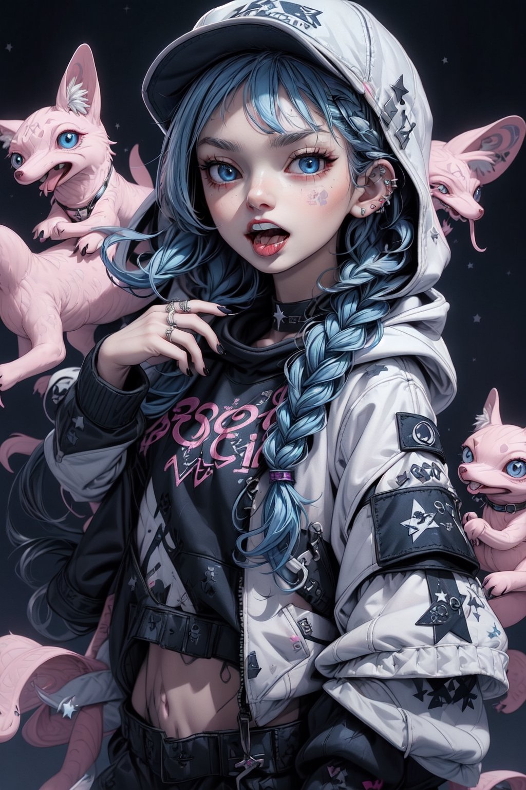 1girl, solo, long hair, looking at viewer, smile, open mouth, bangs, blue eyes, long sleeves, hat, jewelry, blue hair, collarbone, upper body, braid, one eye closed, teeth, choker, tongue, hood, tongue out, star \(symbol\), nail polish, twin braids, v, hoodie, tattoo, black choker, facial mark, piercing, ring, hood down, black nails, clothes writing, baseball cap, backwards hat, tongue piercing, sticker, pink hoodie, nijilorawolf