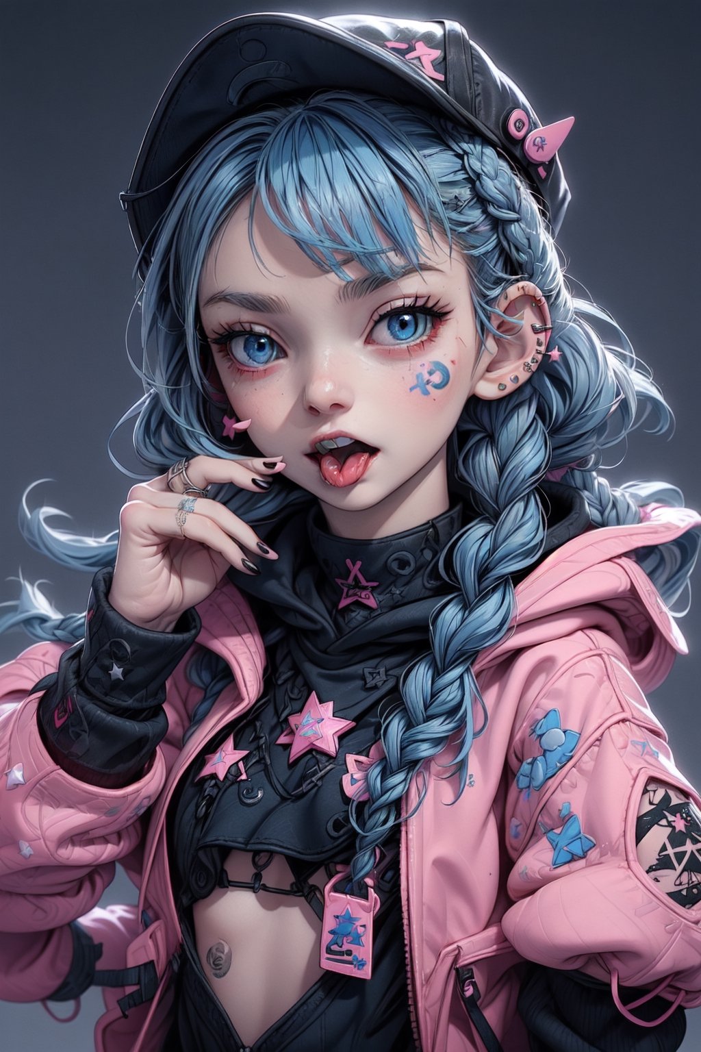 1girl, solo, long hair, looking at viewer, smile, open mouth, bangs, blue eyes, long sleeves, hat, jewelry, blue hair, collarbone, upper body, braid, one eye closed, teeth, choker, tongue, hood, tongue out, star \(symbol\), nail polish, twin braids, v, hoodie, tattoo, black choker, facial mark, piercing, ring, hood down, black nails, clothes writing, baseball cap, backwards hat, tongue piercing, sticker, pink hoodie, nijilorawolf