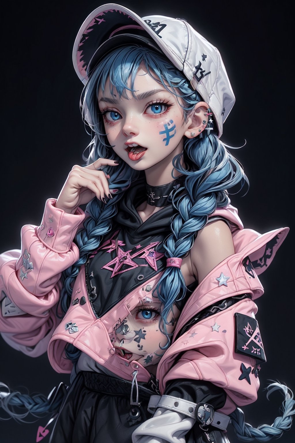 1girl, solo, long hair, looking at viewer, smile, open mouth, bangs, blue eyes, long sleeves, hat, jewelry, blue hair, collarbone, upper body, braid, one eye closed, teeth, choker, tongue, hood, tongue out, star \(symbol\), nail polish, twin braids, v, hoodie, tattoo, black choker, facial mark, piercing, ring, hood down, black nails, clothes writing, baseball cap, backwards hat, tongue piercing, sticker, pink hoodie, nijilorawolf