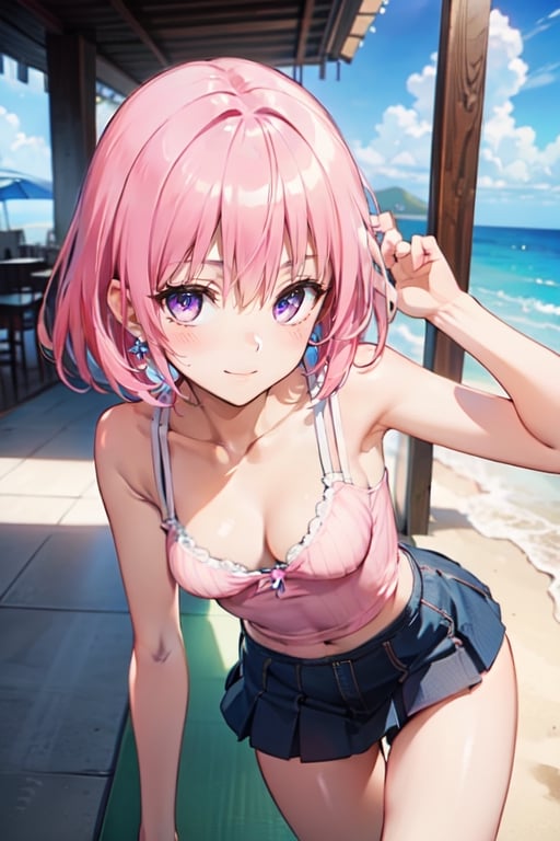 best quality, masterpiece, (realistic:1.2), (beach), (tank top, mini skirt, earrings, underwear), (focus cleavage:1.3), (seductive smile), (spoken heart), (upturned eyes), {{{{8k wallpaper}}}}, {{{{extremely detailed eyes}}}}, {{{{extremely detailed body}}}}, {{{{extremely detailed finger}}}},(((best quality))), ((official art)), (best anatomy), solo, 1girl, (kawaii), (five digits), (speculum), (4k), (high resolution), ((thin waist)),(nabel),(Beautiful breasts),(beautiful leg:1.3),(skinny leg),(beautiful hands:1.2),(teats),(very slim),(slender:1.2),(ribbed),(skinny limbs),(beautiful vagina:1.3),(beautidful eyes:1.1), (((Beautiful face:1.5))),(best quality:1.1), (masterpiece:1.4), (absurdres:1.0), portrait, close up,1girl, bob cut, medium hair ,pink hair, bob cut,purple eyes, ( pink under hair:1.3), ((((medium breasts:1.5)))), (blush:1.2), ((small hip)), medium hair, pink hair, disheveled hair,(20 years old)