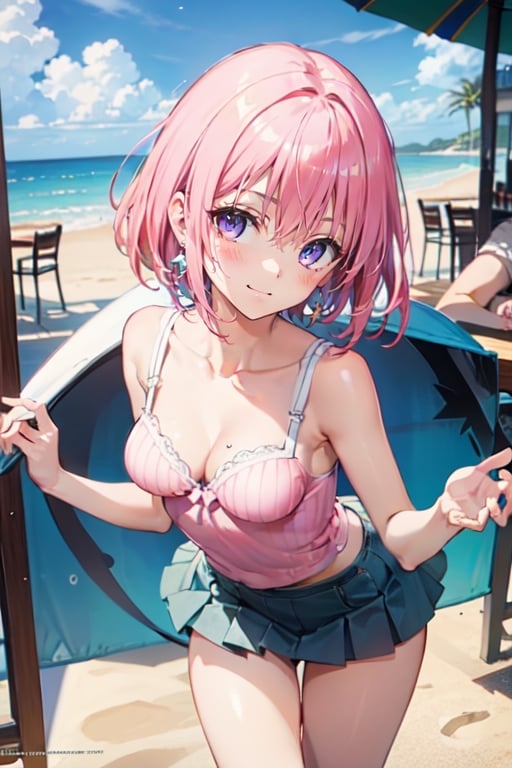 best quality, masterpiece, (realistic:1.2), (beach), (tank top, mini skirt, earrings, underwear), (focus cleavage:1.3), (seductive smile), (spoken heart), (upturned eyes), {{{{8k wallpaper}}}}, {{{{extremely detailed eyes}}}}, {{{{extremely detailed body}}}}, {{{{extremely detailed finger}}}},(((best quality))), ((official art)), (best anatomy), solo, 1girl, (kawaii), (five digits), (speculum), (4k), (high resolution), ((thin waist)),(nabel),(Beautiful breasts),(beautiful leg:1.3),(skinny leg),(beautiful hands:1.2),(teats),(very slim),(slender:1.2),(ribbed),(skinny limbs),(beautiful vagina:1.3),(beautidful eyes:1.1), (((Beautiful face:1.5))),(best quality:1.1), (masterpiece:1.4), (absurdres:1.0), portrait, close up,1girl, bob cut, medium hair ,pink hair, bob cut,purple eyes, ( pink under hair:1.3), ((((medium breasts:1.5)))), (blush:1.2), ((small hip)), medium hair, pink hair, disheveled hair,(20 years old)