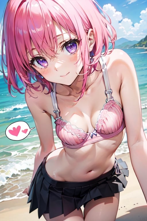 best quality, masterpiece, (realistic:1.2), (beach), (tank top, mini skirt, scrunchie, underwear), (seductive smile), (spoken heart), (upturned eyes), {{{{8k wallpaper}}}}, {{{{extremely detailed eyes}}}}, {{{{extremely detailed body}}}}, {{{{extremely detailed finger}}}},(((best quality))), ((official art)), (best anatomy), solo, 1girl, (kawaii), (five digits), (speculum), (4k), (high resolution), ((thin waist)),(nabel),(Beautiful breasts),(beautiful leg:1.3),(skinny leg),(beautiful hands:1.2),(teats),(very slim),(slender:1.2),(ribbed),(skinny limbs),(beautiful vagina:1.3),(beautidful eyes:1.1), (((Beautiful face:1.5))),(best quality:1.1), (masterpiece:1.4), (absurdres:1.0), portrait, close up,1girl, bob cut, medium hair ,pink hair, bob cut,purple eyes, ( pink under hair:1.3), ((((medium breasts:1.5)))), (blush:1.2), ((small hip)), medium hair, pink hair, disheveled hair,(20 years old)