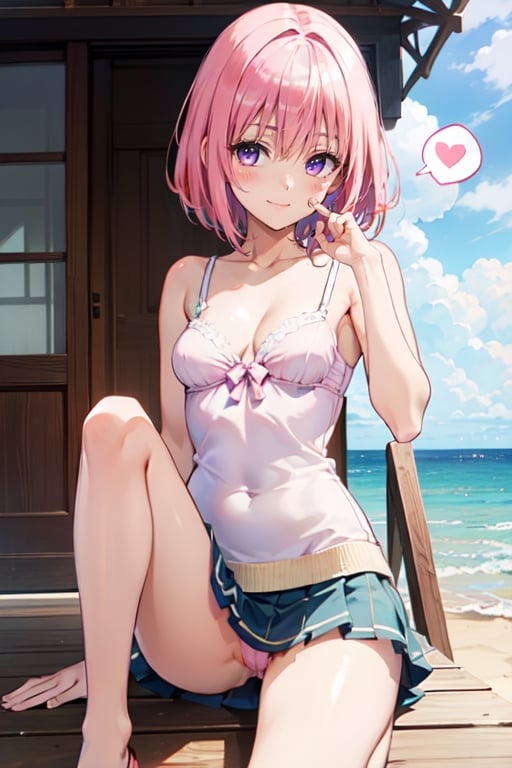 best quality, masterpiece, (realistic:1.2), (beach), (camisole, mini skirt, underwear), (seductive smile), (spoken heart), (upturned eyes), {{{{8k wallpaper}}}}, {{{{extremely detailed eyes}}}}, {{{{extremely detailed body}}}}, {{{{extremely detailed finger}}}},(((best quality))), ((official art)), (best anatomy), solo, 1girl, (kawaii), (five digits), (speculum), (4k), (high resolution), ((thin waist)),(nabel),(Beautiful breasts),(beautiful leg:1.3),(skinny leg),(beautiful hands:1.2),(teats),(very slim),(slender:1.2),(ribbed),(skinny limbs),(beautiful vagina:1.3),(beautidful eyes:1.1), (((Beautiful face:1.5))),(best quality:1.1), (masterpiece:1.4), (absurdres:1.0), portrait, close up,1girl, bob cut, medium hair ,pink hair, bob cut,purple eyes, ( pink under hair:1.3), ((((medium breasts:1.5)))), (blush:1.2), ((small hip)), medium hair, pink hair, disheveled hair,(20 years old)