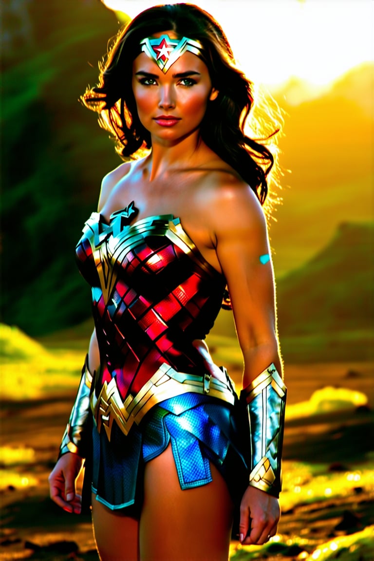 Wonder Woman poses heroically in a sun-kissed landscape, her iconic red and blue costume glistening with golden accents. Framed by a warm, golden light, her powerful physique is accentuated as she stands tall, arms akimbo, with the Amazonian jungle background subtly blurred. A subtle smile plays on her lips, conveying confidence and determination.