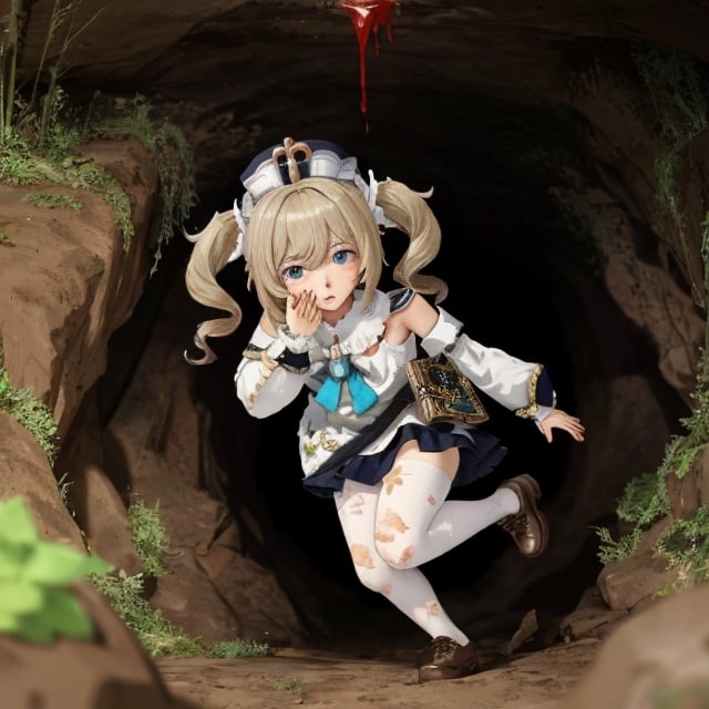 barbara (genshin impact),
1girl,
hat,
latin cross,
blonde hair,
long hair,
twintails,
twin drills,
blue eyes,
bow.
torn dres,
frilled skirt,
detached sleeves,

white pantyhose,
book,
belt
white pantyhose,
book,

blood, dirt, good hands, pretty face, mud, dungeon, full body, cave, cavern, torn stockings, many wounds,, torn dress, scared. praying, winter clothes, a lot of blood per suit, slimy insects, praying, crying, mud, a lot of blood, dark, hell, dungeon, at night, crying,  worms, running