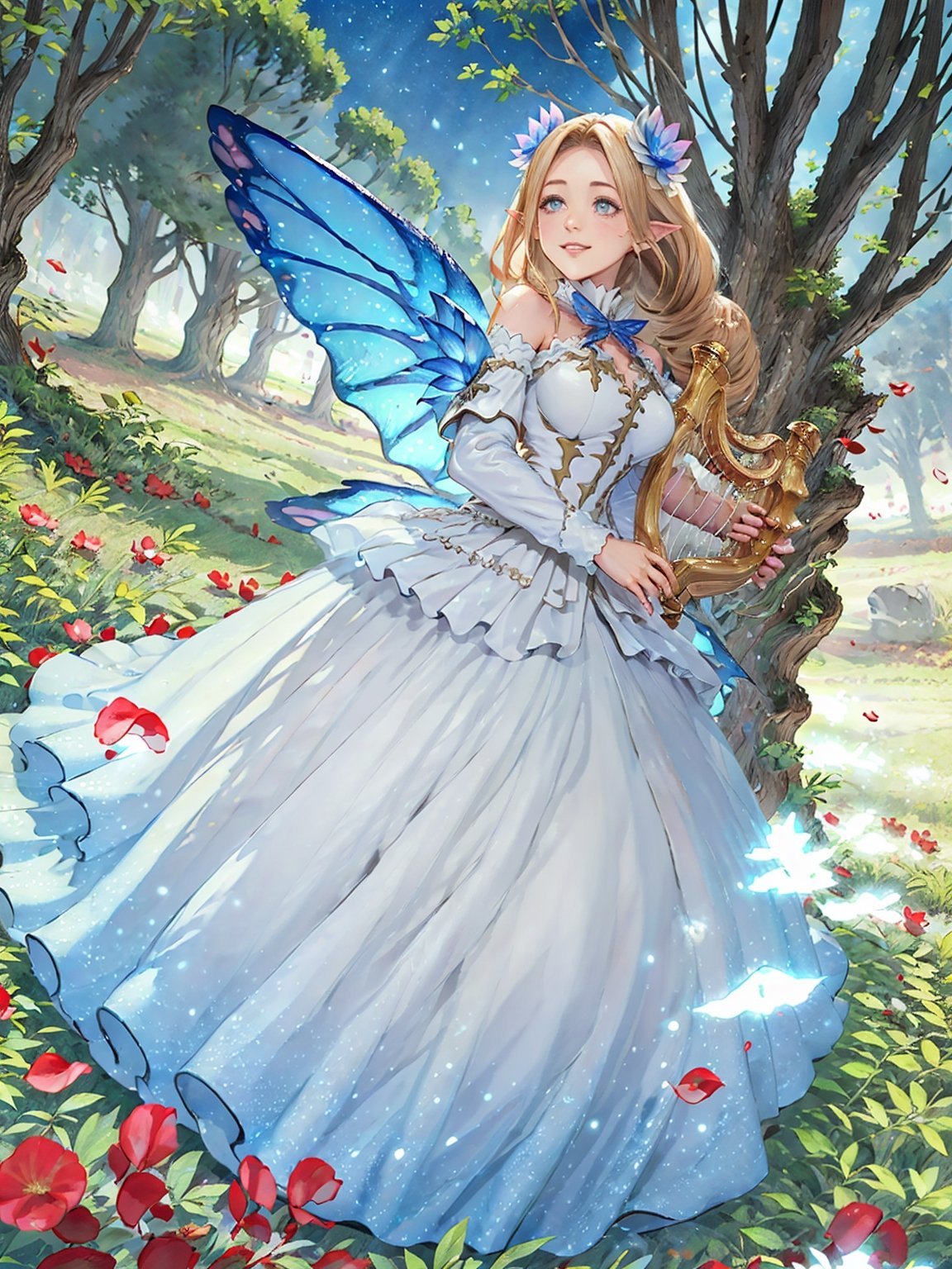 masterpiece,best quality,highres,cinematic lighting,dramatic angle,1girl,blonde hair,drill hair, white dress,parted bangs,cleavage,looking at viewer,pointy ears,blue eyes,bare shoulders,wings,frills,parted lips,petal,grass,smile,,detached collar,hair flower,depth of field,detached sleeves,straight-on,head tilt,close-up,night,dark sky,(holding harp,playing instrument,playing harb,floating glowing musical note:1.3),sitting on chair,woods,starry sky,from below,,, holding fan  earth , good hands, pretty face, mud, dungeon, full body, cave, cavern, scared. praying, darkness, hell, dungeon, at night, crying, palace, scared, walking, perfect hands, pretty hands, town, good hands, pretty face, full body, pretty decorated stockings, very dark, hell, at night, crying , palace, scared, full body, beautiful body, perfect body, beautiful body, perfect legs, beautiful legs, perfect hands, beautiful hands, scared, hell, full body, fantasy, raining, pretty face, perfect face, child face, fire , raining, palace, perfect face, pretty face, dungeons, cave, mud, perfect lips. pretty eyes, dungeon, 