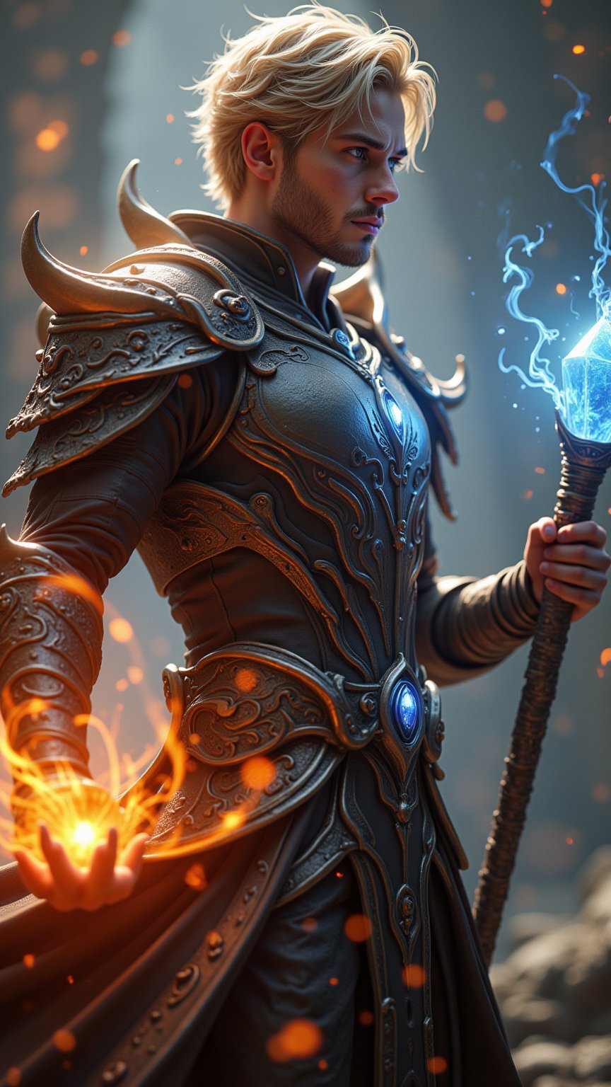 (((Epic fantasy artwork, dynamic pose, masterpice, best quality, offical art, extremely detailed CG unity 8K wallpaper, 8k resolution, ecqusite facial features, perfect face, cinematic lighting, hyperrealistic))),BREAK A mystical male light mage, with blonde hair and fair skin, stands poised in a dynamic spell-casting pose,BREAK, surrounded by swirling light energy and magical auras. ,BREAK,He wears modern, elegant clothing adorned with glowing, ethereal patterns that reflect his connection to the mystical arts.,BREAK, In one hand, he grasps a metallic staff topped with a radiant crystal, emitting beams of magical light that dance across his fair skin. ,BREAK,The air around him is alive with an otherworldly glow, imbuing him with a divine and powerful presence as if channeling ancient wisdom and harnessing celestial forces.,FluxBoost,10xRFBoost