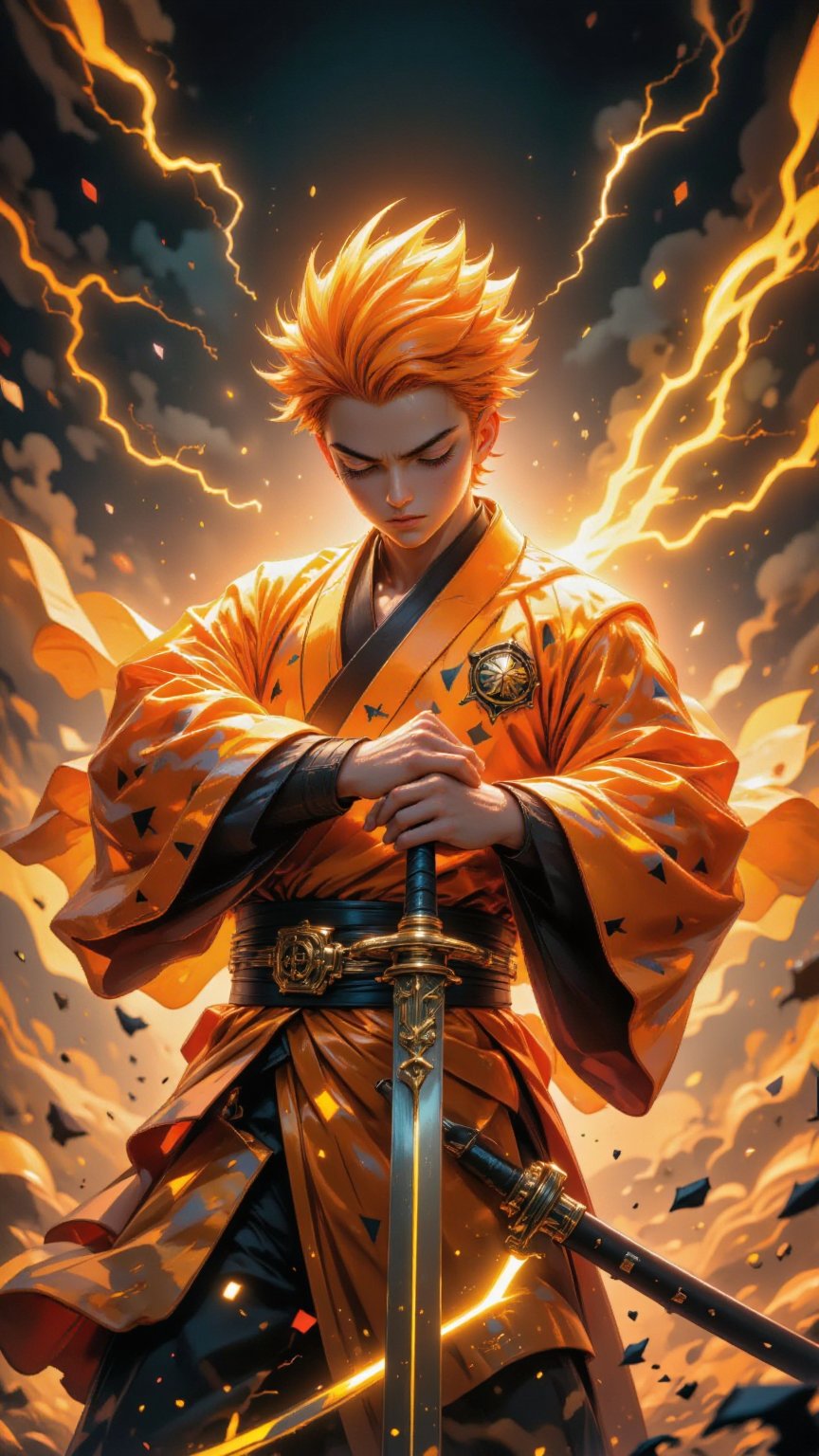 depicting a fierce battle scene, amazing storm mage power on katana and character, inspired zenitsu agatsuma characters from demon slayer anime . The central figure is a young man with spiky, orange hair and a determined expression, holding a one extremly-detailed gold katana with both hands. Katana have powerful storm power, katana seems like a ancient storm katana with elemental features. His eyes are closed, suggesting intense concentration or focus. He is dressed in a vibrant orange and yellow kimono-like garment, which billows dramatically around him, adding to the dynamic and intense atmosphere. The kimono has a pattern of triangles, and the fabric appears to be thick and textured. He also wears a black belt with a rectangular buckle, securing his kimono. The background is a swirling mass of dark, smoky clouds, with golden, electric-like bolts of lightning crackling through them, creating a sense of chaos and danger. The lighting in the image is primarily warm, with the orange and yellow tones dominating, emphasizing the intense energy and power of the scene. The overall mood is one of determination, strength, and impending conflict, typical of anime battle scenes.,NiJi_2_FLUX,aidmafluxpro1.1,aidmasoftglow,aidmaGlow