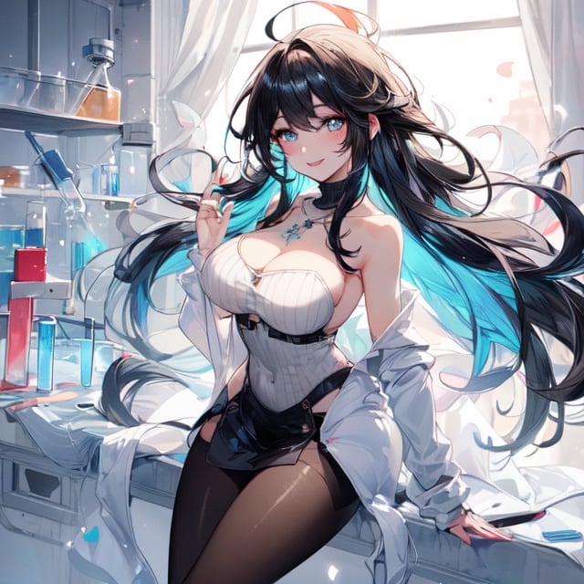 (1girl:1.5), (mad scientist), (standing, crossing her legs ), (side view), looking at a viewer, Perfect style, slender body, slim and soft, medium large breast, (super beautiful big eyes, anime style :1.5),mature, adult, beautiful face, accurate, anatomically correct, highly detailed face and skin texture, detailed eyes, blue eyes, double eyelids, thin eyebrows, glitter eyeliner: 1.2, blushed cheeks, round face, glossy skin, fair skin: 1.2, (glossy lips: 1.4), (Voluptuous lips:1.3), (heart shaped pupils), full of delight, innocent and Cute girl, BREAK (wearing a white full length labo coat:1.5), (wearing brown large ribbed turtleneck knit dress, knee-length:1.4), (putting on black pantyhose:1.5) , (( beautiful extra long hair, bang , straight, messy hair:1.6)), (black hair, vivid red as innercolors, multi haircolor:1.5), (flashy skull shaped necklace:1.5), (punk style earings), (smiling full of compassion, full of love), (very cheerful expression:1.6), BREAK (focus on her lips), ((( at her laboratory, clear light : 1.6)), (very intimate relationships:1.6), top quality, (Masterpiece: 1.3), (Maximum resolution: 1.2), (Ultra HDTV: 1.2), Cinema light, Ultra HDTV, (Detailed eyes and skin), (Detailed facial features), HDR, 8k resolution, Sharp Focus: 1.2,