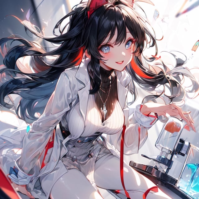 (1girl:1.5), (mad scientist), (standing, crossing her legs ), (side view), looking at a viewer, Perfect style, slender body, slim and soft, medium large breast, (super beautiful big eyes, anime style :1.5),mature, adult, beautiful face, accurate, anatomically correct, highly detailed face and skin texture, detailed eyes, blue eyes, double eyelids, thin eyebrows, glitter eyeliner: 1.2, blushed cheeks, round face, glossy skin, fair skin: 1.2, (glossy lips: 1.4), (Voluptuous lips:1.3), (heart shaped pupils), full of delight, innocent and Cute girl, BREAK (wearing a white full length labo coat:1.5), (wearing brown large ribbed turtleneck knit dress, knee-length:1.4), (putting on black pantyhose:1.5) , (( beautiful extra long hair, bang , straight, messy hair:1.6)), (black hair, vivid red as innercolors, multi haircolor:1.5), (flashy skull shaped necklace:1.5), (punk style earings), (smiling full of compassion, full of love), (very cheerful expression:1.6), BREAK (focus on her lips), ((( at her laboratory, clear light : 1.6)), (very intimate relationships:1.6), top quality, (Masterpiece: 1.3), (Maximum resolution: 1.2), (Ultra HDTV: 1.2), Cinema light, Ultra HDTV, (Detailed eyes and skin), (Detailed facial features), HDR, 8k resolution, Sharp Focus: 1.2,