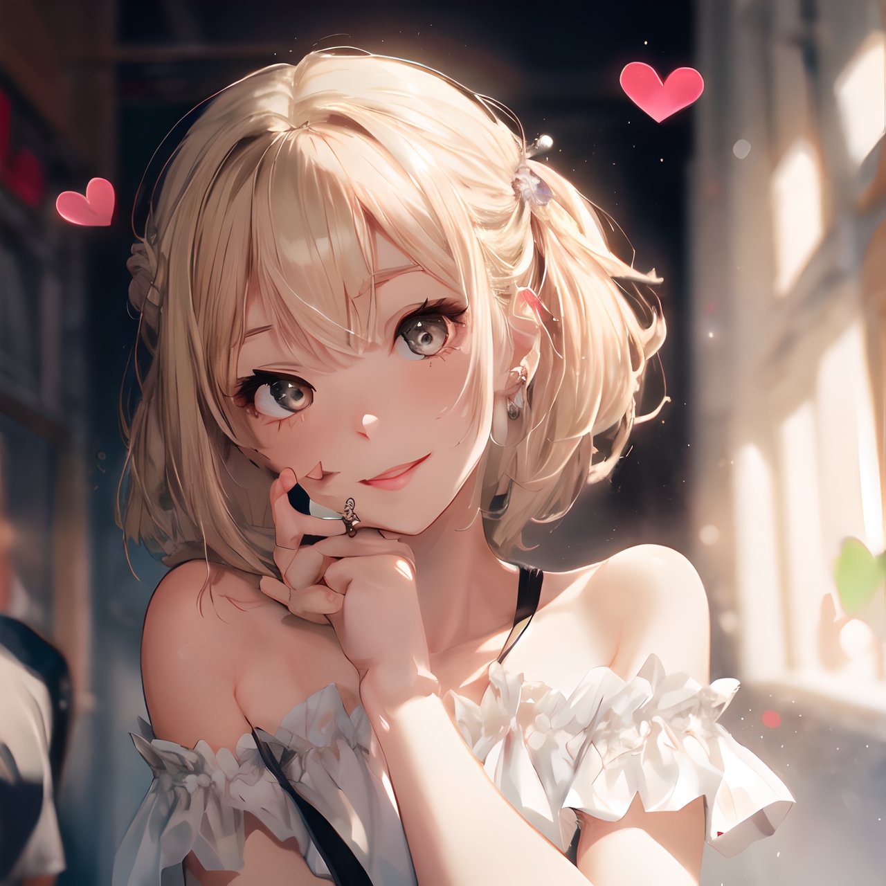 8k, (voloptuous lips:1.5), ultra cute, smiling full of compassion, with love, incoming kiss, half opened mouth, half closed eyes, heart shaped pupils, very beautiful girl, blonde, short-bob style, blushed, off shoulder top