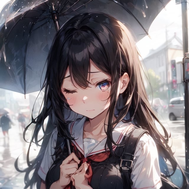 1girl, (school girl), super beautiful, cute, innocent , medium large breast, looking down, looks sad, (being saddened by the loss of a loved one), (missing), perfect body, (crying:1.3) , half opened mouth, closed eyes, beautiful tears, (extra long hair , beautiful black hair, straight), ( Wearing a traditional school uniform, taking an umbrella ), (focus on her eyes), at a bus stop on a rainy day