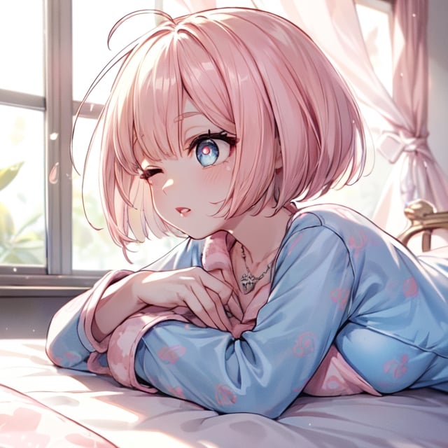 (1girl), ( sleeping on her bed, lying down, wearing a futon ), (closed eyes ), (opened mouth),  (side view), looking at a viewer, Perfect style, medium large breast, beautiful slim curve, (super beautiful big eyes:1.5), beautiful face, accurate, anatomically correct, highly detailed face and skin texture, detailed eyes, blue eyes, double eyelids, thin eyebrows, glitter eyeliner: 1.2, blushed cheeks, round face, glossy skin, fair skin: 1.2, (glossy lips: 1.4), (heart shaped pupils) , full of delight, innocent and Cute girl, BREAK first-person-view, ((Wearing , oversized pajama :1.6)), ((( it is made of silk, pale pink :1.5 ))), (( beautiful extra short hair, mush, bob style, messy hair:1.6)), (simple necklace:1.5),(full of compassion, full of love), BREAK (bust up shot: 1.2), (focus on her profile), ((( at her bed room , gentle warm light : 1.6)), (very intimate relationships:1.6), top quality, (Masterpiece: 1.3), (Maximum resolution: 1.2), (Ultra HDTV: 1.2), Cinema light, Ultra HDTV, (Detailed eyes and skin), (Detailed facial features), HDR, 8k resolution, Sharp Focus: 1.2,