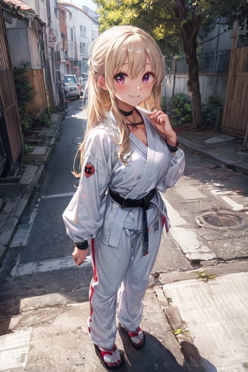 8k, top quality, masterpiece, 1girl, (making karate pattern), (Karate player, wearing karate uniform), (it consists of white front open japanese jacket, revealing necklines,  and white ankele length pants, blackbelt ), side view,  slim and soft, perfect body, translucent skin, beautiful blonde hair, very long hair, bang style, the skin is fair and juicy, super cute, asian girl, super big cute eye, shiny heart shaped pupils, round face, beautiful breast, slim curve, smiling full of compassion, full of love, ashamed, (full body shot:1.6), (focus on her neck:1.4),