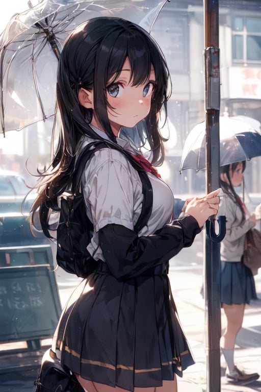 1girl, (school girl), super beautiful, cute, innocent , medium large breast, looking down, looks sad, (being saddened by the loss of a loved one), (missing), (front  view:1.5), perfect body, incoming to cry , half opened mouth,(extra long hair , beautiful black  hair, straight), ( Wearing a traditional school uniform, taking an umbrella ), (focus on her eyes), at a bus stop on a rainy day