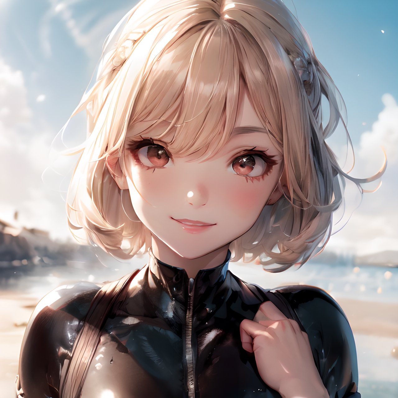 8k, (voloptuous lips:1.5), ultra cute, smiling full of compassion, with love, incoming kiss, half opened mouth, half closed eyes, heart shaped pupils, very beautiful girl, blonde, short-bob style, blushed, swimsuit