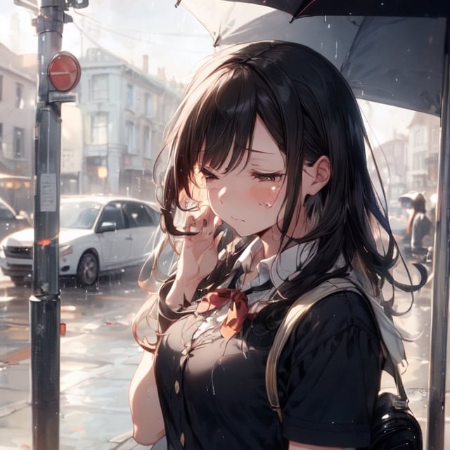 1girl, (school girl), super beautiful, cute, innocent , medium large breast, looking down, looks sad, (being saddened by the loss of a loved one), (missing), perfect body, (crying:1.3) , half opened mouth, closed eyes, beautiful tears, (extra long hair , beautiful black hair, straight), ( Wearing a traditional school uniform, taking an umbrella ), (focus on her eyes), at a bus stop on a rainy day