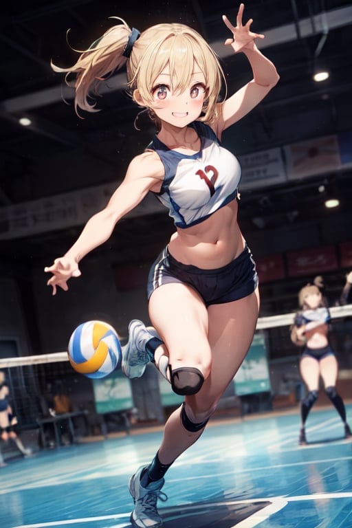 8k, top quality, masterpiece, 1girl, (spiking volleyball), (volleyball player, wearing uniform), (it consists of tanktop , and slim fit shorts , baring navel ), ((dynamic pose:1.6)), ((dynamic angle:1.6)), side view,  slim and soft, perfect body, translucent skin, beautiful blonde hair, very long hair, bang style, the skin is fair and juicy, super cute, asian girl, super big cute eye, shiny heart shaped pupils, round face, beautiful breast, slim curve, smiling full of compassion, full of love, ashamed, (full body shot:1.6), (focus on her navel:1.4),(at a gym, blur effect;1.6)