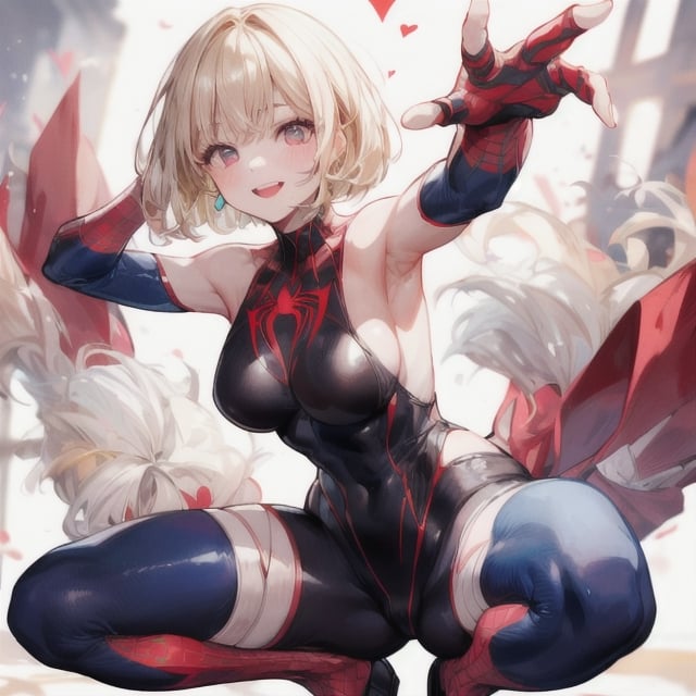 8k, masterpiece, female spiderman, squatting, armpit, super cute, perfect body, medium large breast, looks happy, caring smile, heart shaped pupils, shortcut, bob, bang style, blonde hair

