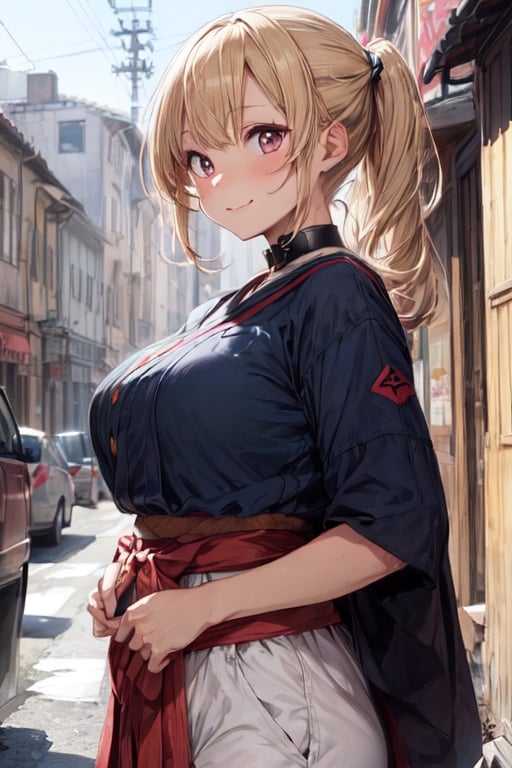 8k, top quality, masterpiece, 1girl, (Kendo player, wearing kendo uniform), (it consists of navy japanese top and hakama , ankele length pants), side view,  slim and soft, perfect body, translucent skin, beautiful blonde hair, very long hair, bang style, the skin is fair and juicy, super cute, asian girl, super big cute eye, shiny heart shaped pupils, round face, beautiful breast, slim curve, smiling full of compassion, full of love, ashamed, (focus on her neck:1.4),