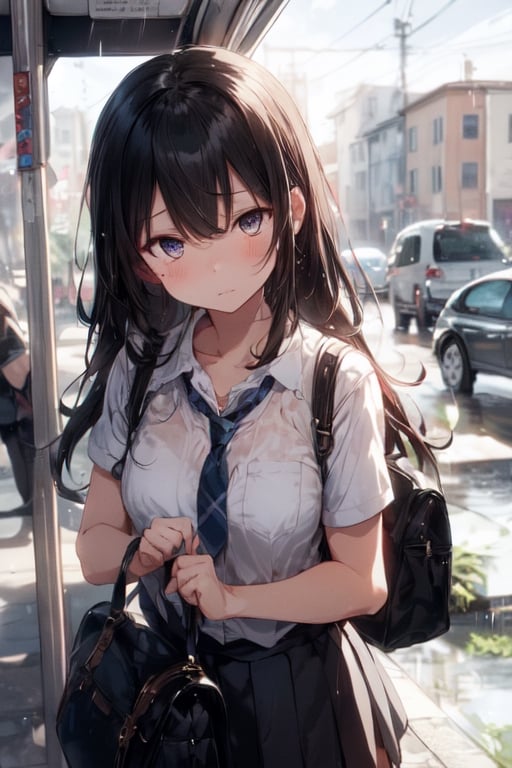 1girl, (school girl), super beautiful, cute, innocent , medium large breast, looking down, looks sad, (being saddened by the loss of a loved one), (missing),  perfect body, gently wheeps , half opened mouth, closed eyes,  beautiful tears, (extra long hair , beautiful black  hair, straight), ( Wearing a traditional school uniform, taking an umbrella ), (focus on her eyes), at a bus stop on a rainy day