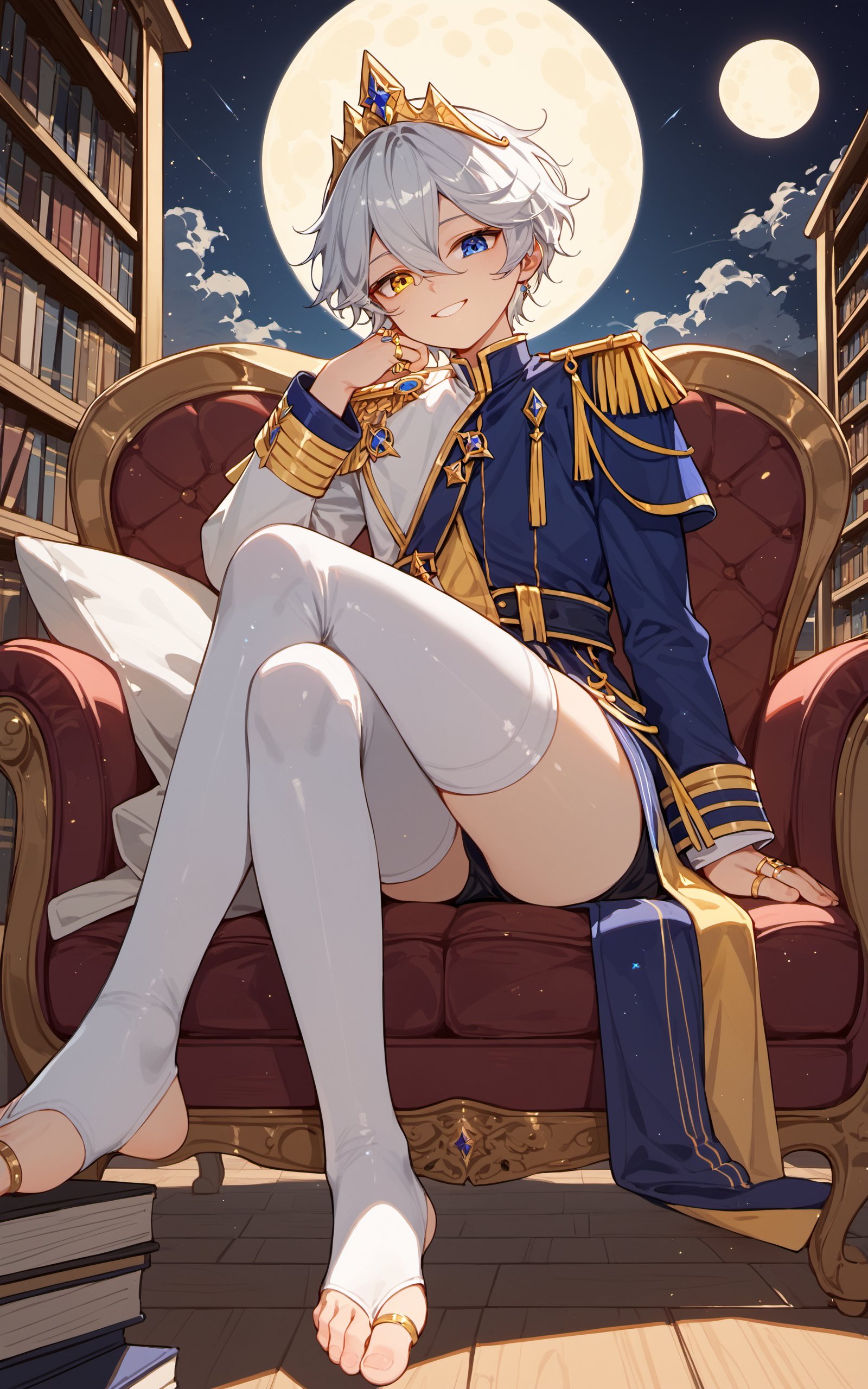 score_9, score_8_up, score_7_up, masterpiece, best quality, lots of details,Expressiveh,solo,shota,noahcelestia,looking at viewer, short hair, blue eyes, white hair, hair between eyes, jewelry, ring, epaulettes,yellow eyes,heterochromia,blue_moon,yellow_moon,silver_moon,toeless_legwear,tiara,god rays,smile,purple ring,library,couch,sitting,happy