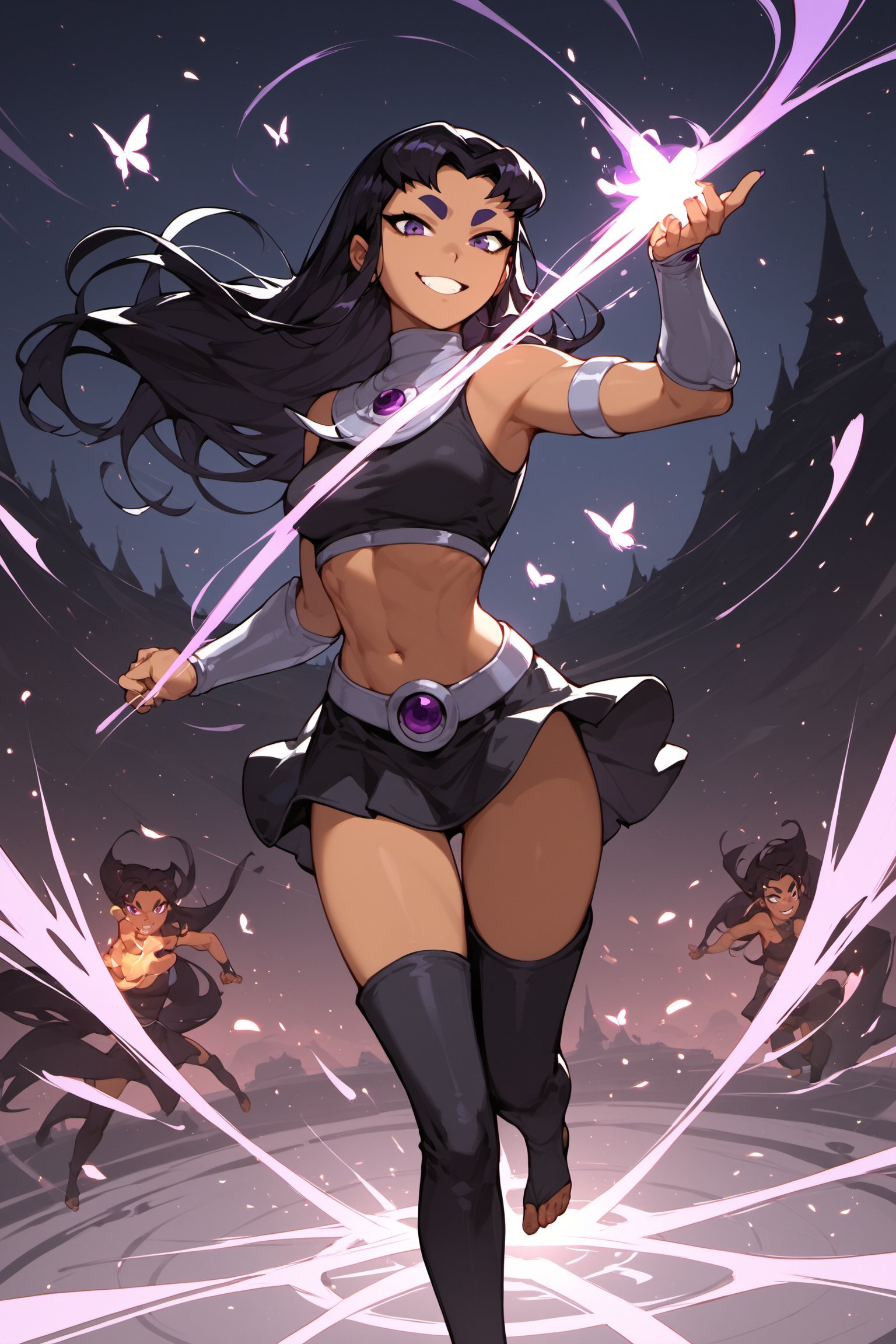 score_9, score_8_up, score_7_up, score_6_up, score_5_up, score_4_up,ExpressiveH,1girl,Blackfirev2.solo,long hair,black hair,dark violet eyes,dark skin,dark skin,thick eyebrows,thigh boots,black crop top,black skirt,black thighhighs,vambraces,smile,looking_at_viewer,toeless_socks,night,evil,fight,magic,black butterfly,ender_world