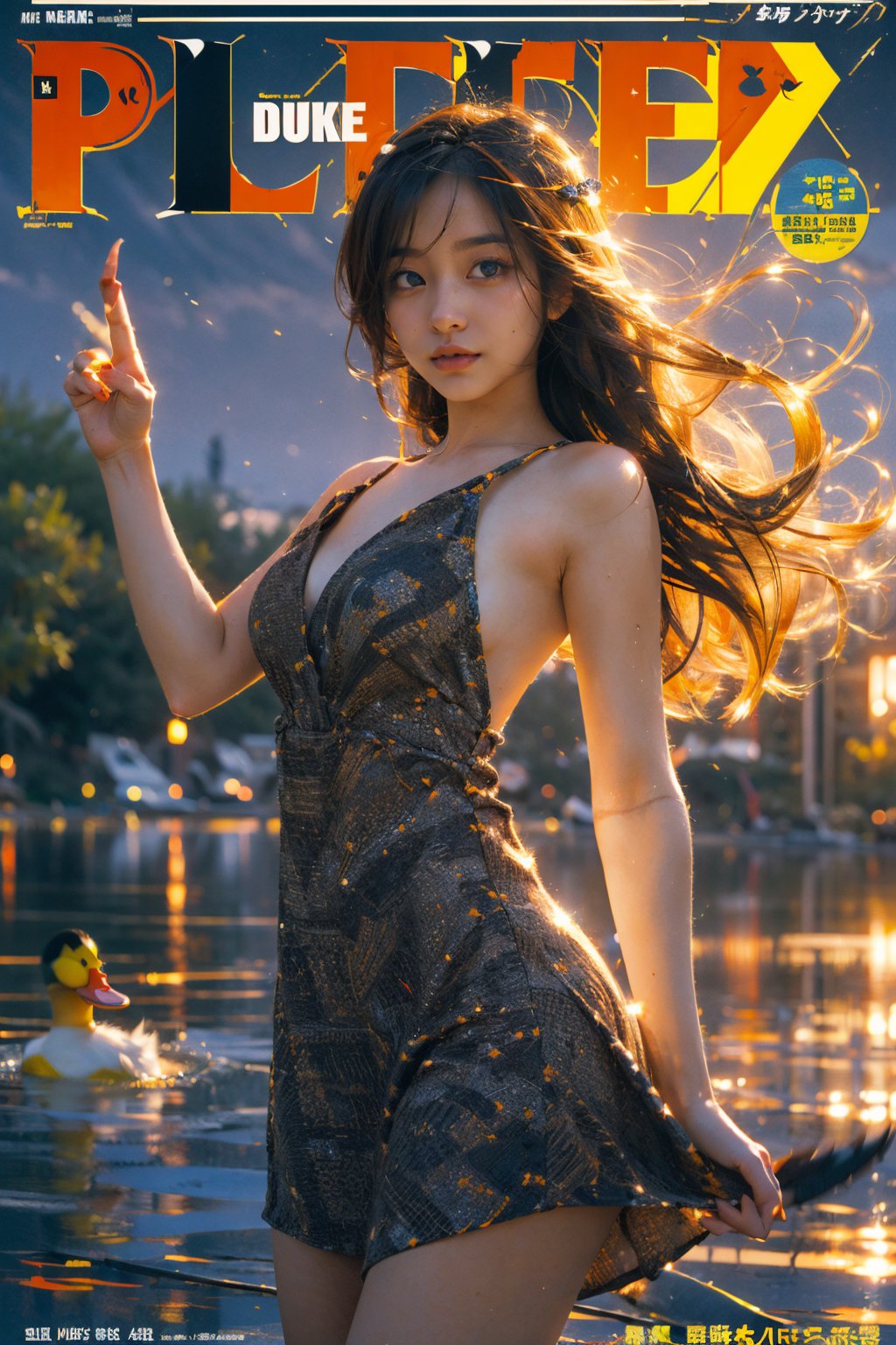 (masterpiece, best quality:1.2),
1girl,
(Dynamic pose:1.3),
look at viewer,
(solo:1.5),
(cowboy shot:1.2),
(from side way:0.19),
(thigh:0.3),


long hair,dress,((((play with duck)))),((duck)),
(((night))), (lake),


(wind:1.4),
(magazine cover title:1.4) ,duck