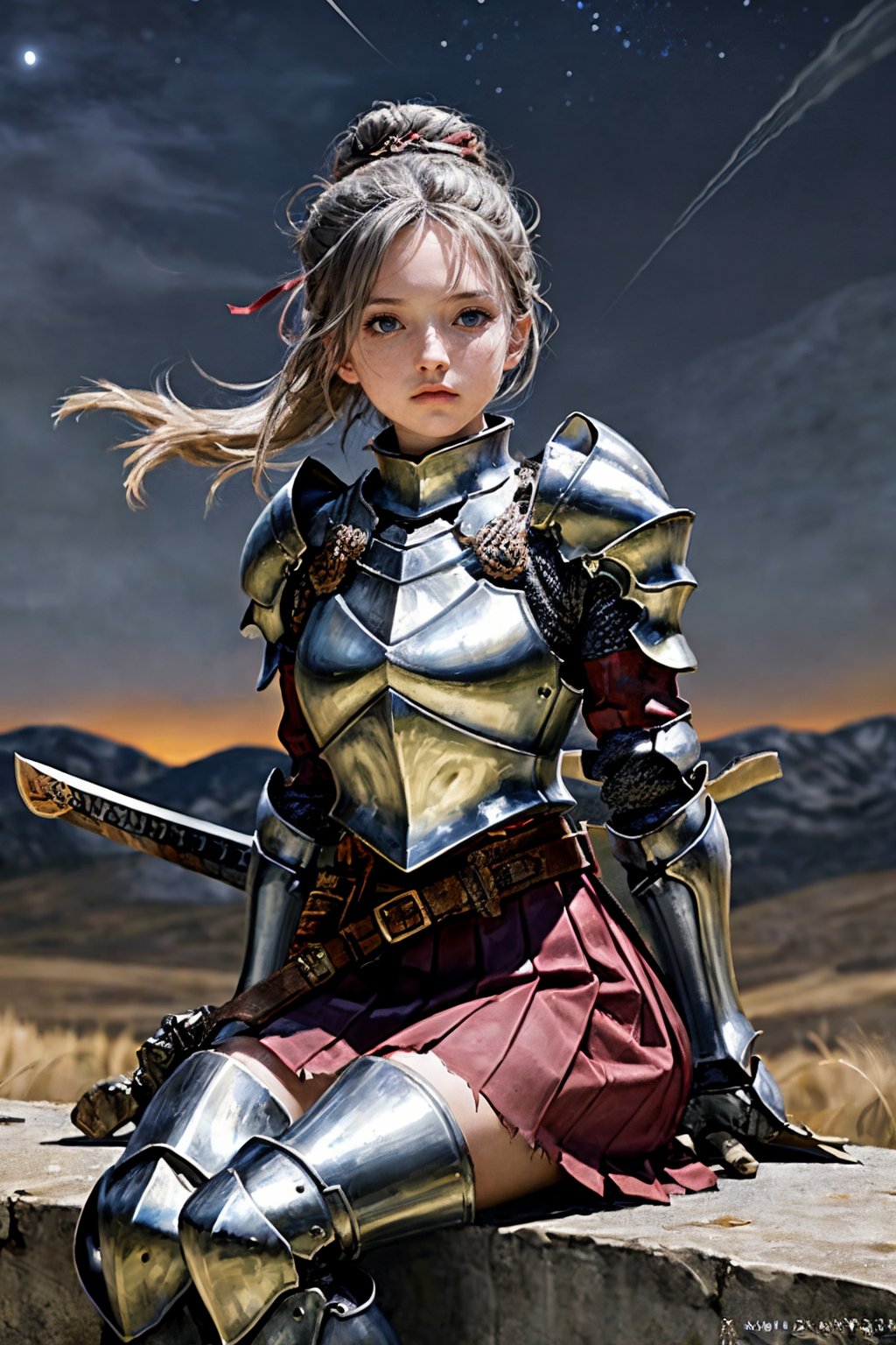 (masterpiece, best quality:1.2), 
1girl, 
(Dynamic pose:1.2), 
(solo:1.5), 
(cowboy shot:1.2), 
(from side way:0.2),
(thigh:0.2), 





best quality,masterpiece,highly detailed,ultra-detailed, weapon, armor, holding weapon,ambiguous gender, armor, armored boots, axe, full armor, gauntlets, greaves, grey eyes, headwear removed,, holding sword, holding weapon, knight, pauldrons, planted sword, red skirt, ribbon, scabbard, sheath, shoulder armor, single hair bun, solo,, sword, torn clothes, vambraces, weapon, weapon over shoulder,ruins,oudoor, 
(((night, sitting))),





(wind:1.5), 
(magazine cover title:1.3), 