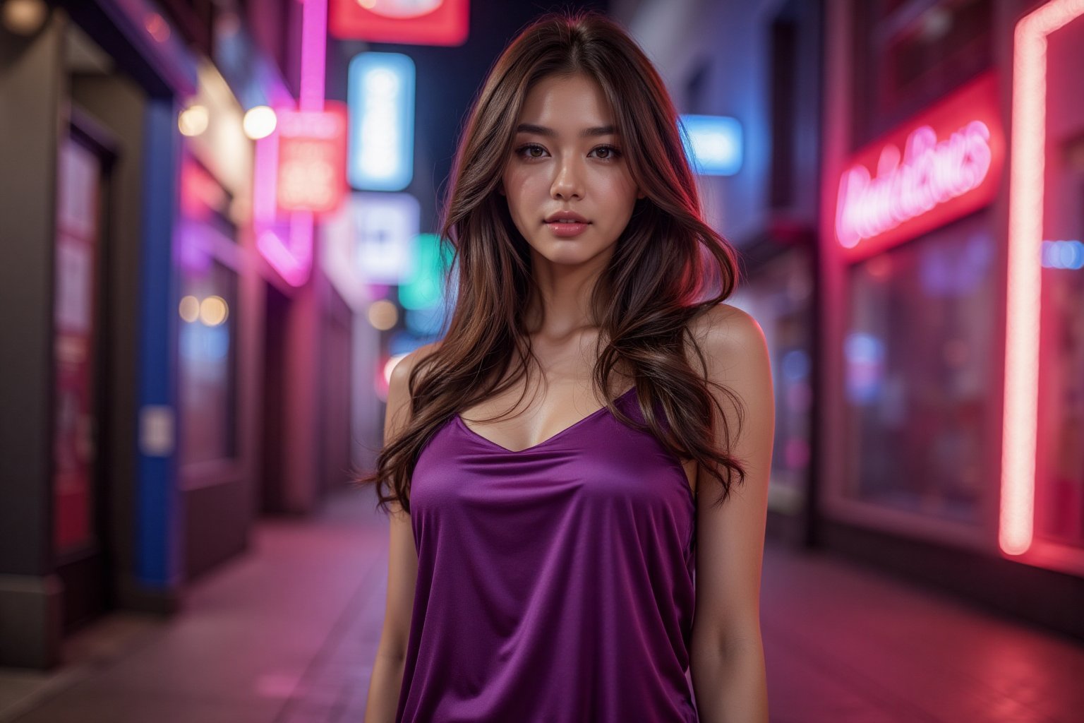 She is dressed in a vibrant purple silk mini dress that shimmers softly, tracing her elegant curves. Her long, slightly wavy, golden-brown hair cascades over her shoulders, catching warm highlights. The background is a bustling city street with vibrant neon lights in a spectrum of colors. The high-saturation photography style merges the brilliant lights with her silhouette, creating a luxurious and dreamy atmosphere.