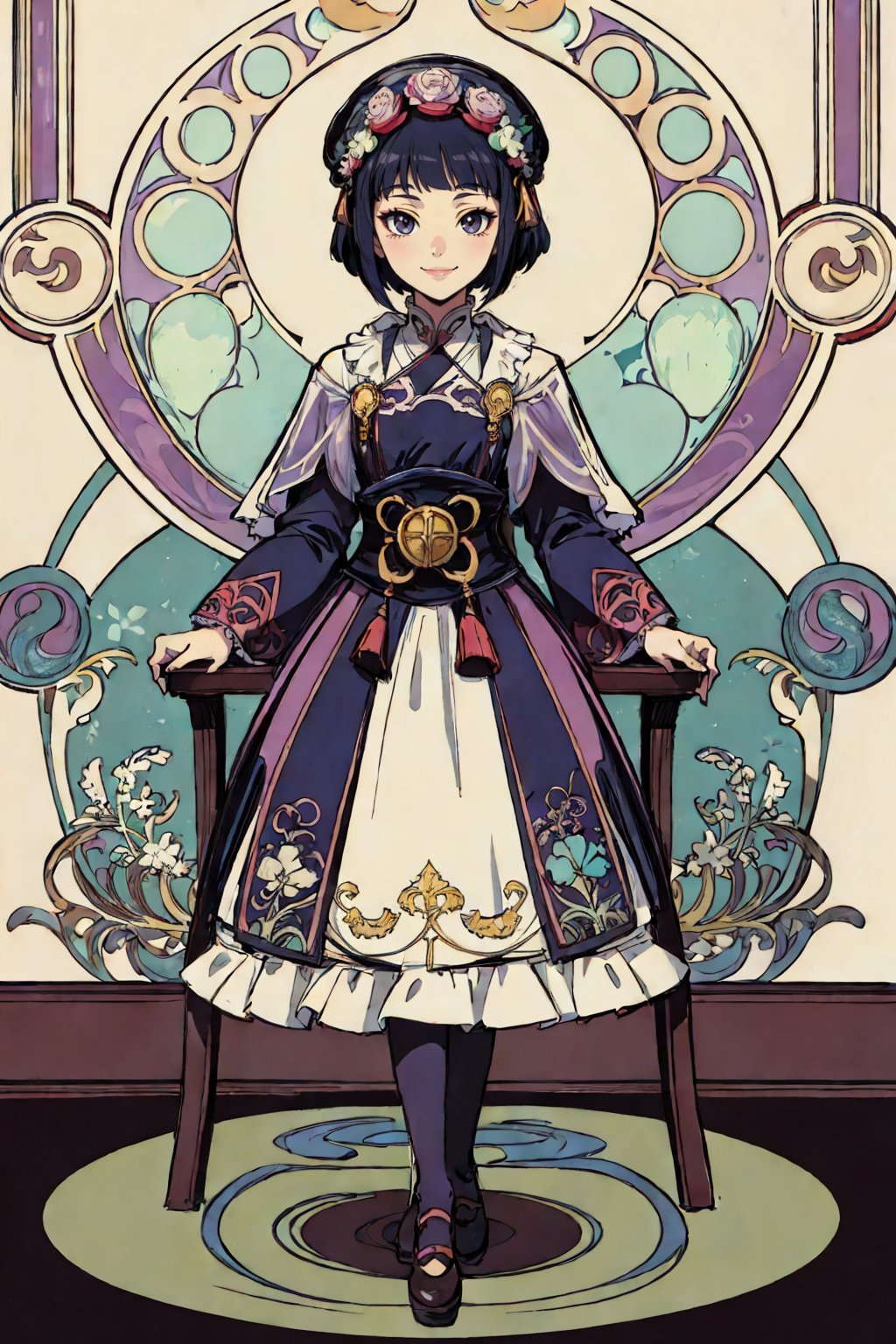 analog, High detailed ,Detailedface, (watercolor:0.4), hand drawn, (Art Nouveau), (rococo), (Alphonse Mucha), anime face,Bourgeois, little girl, loli, hair ornaments, full body,  

yunjindef, smile,  short hair, temple, facing viewer, standing, sitting on chair,