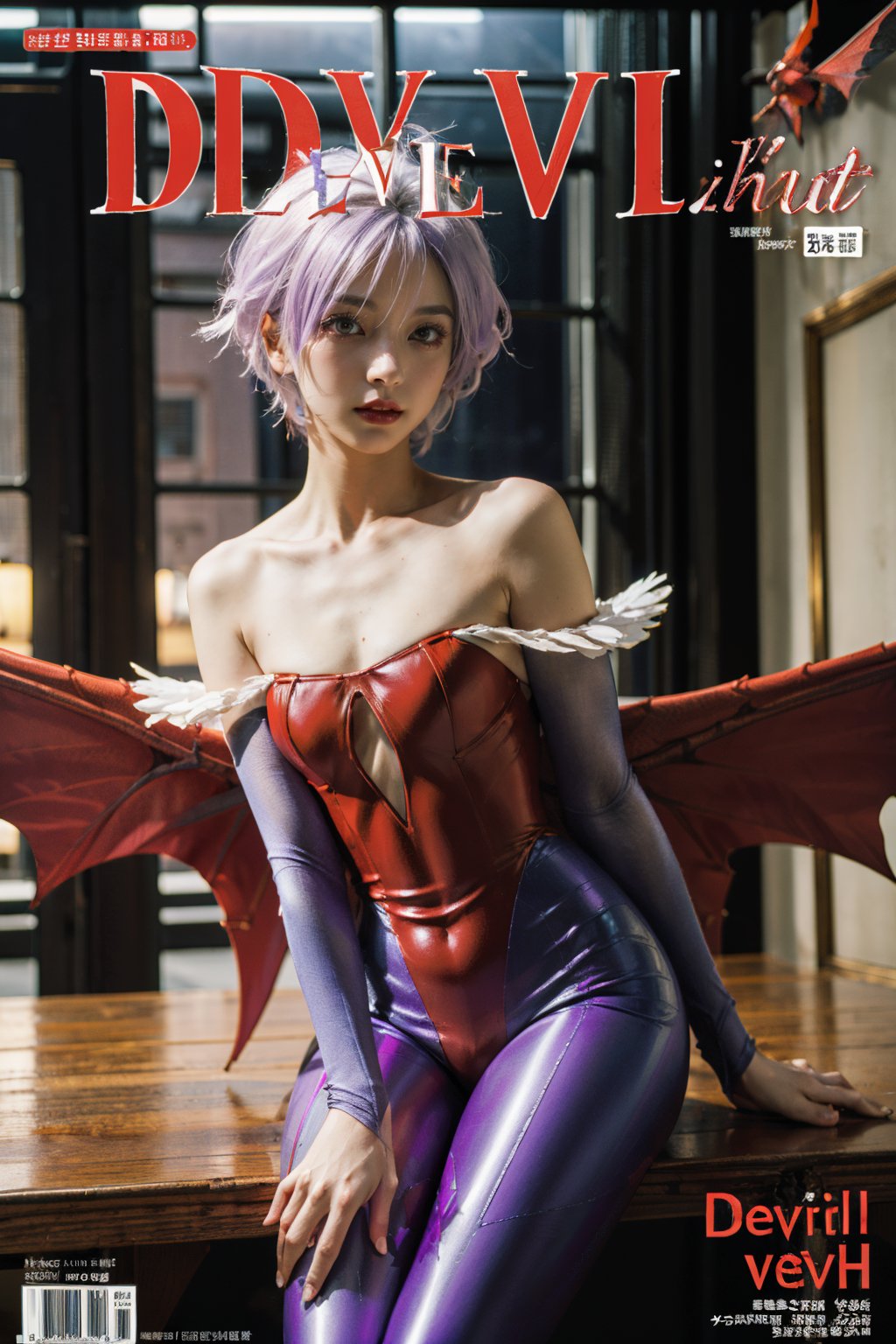 (masterpiece, best quality:1.2),
1girl,
(Dynamic pose:1.1),
(solo:1.5),
(cowboy shot:1.2),
(from side way:0.19),
(thigh:0.2),

lilith aensland, (kbxll:0.6),
((purple white hair)),
((indoor,night)), sitting,
(((red suit))),((devil wing)),

(floating hair:1.3),
(magazine cover title:1.4) ,